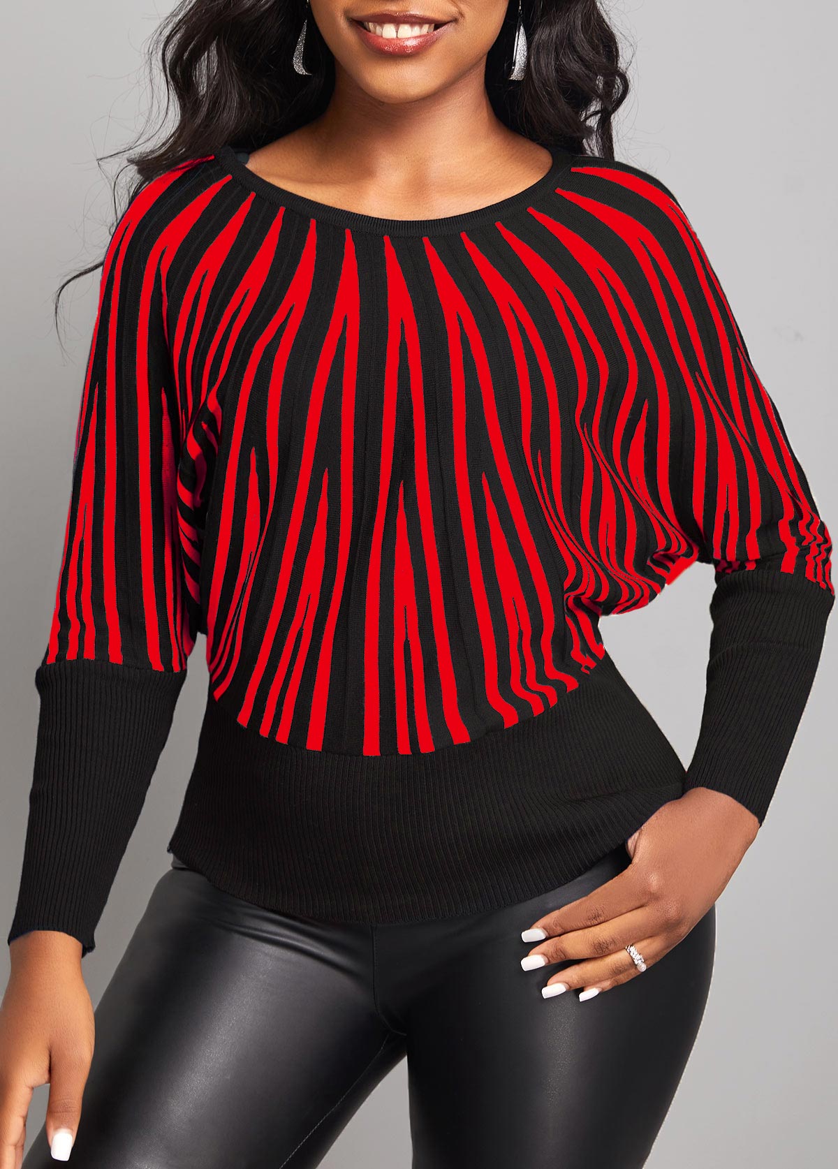Geometric Print Red Round Neck Long Sleeve Sweater