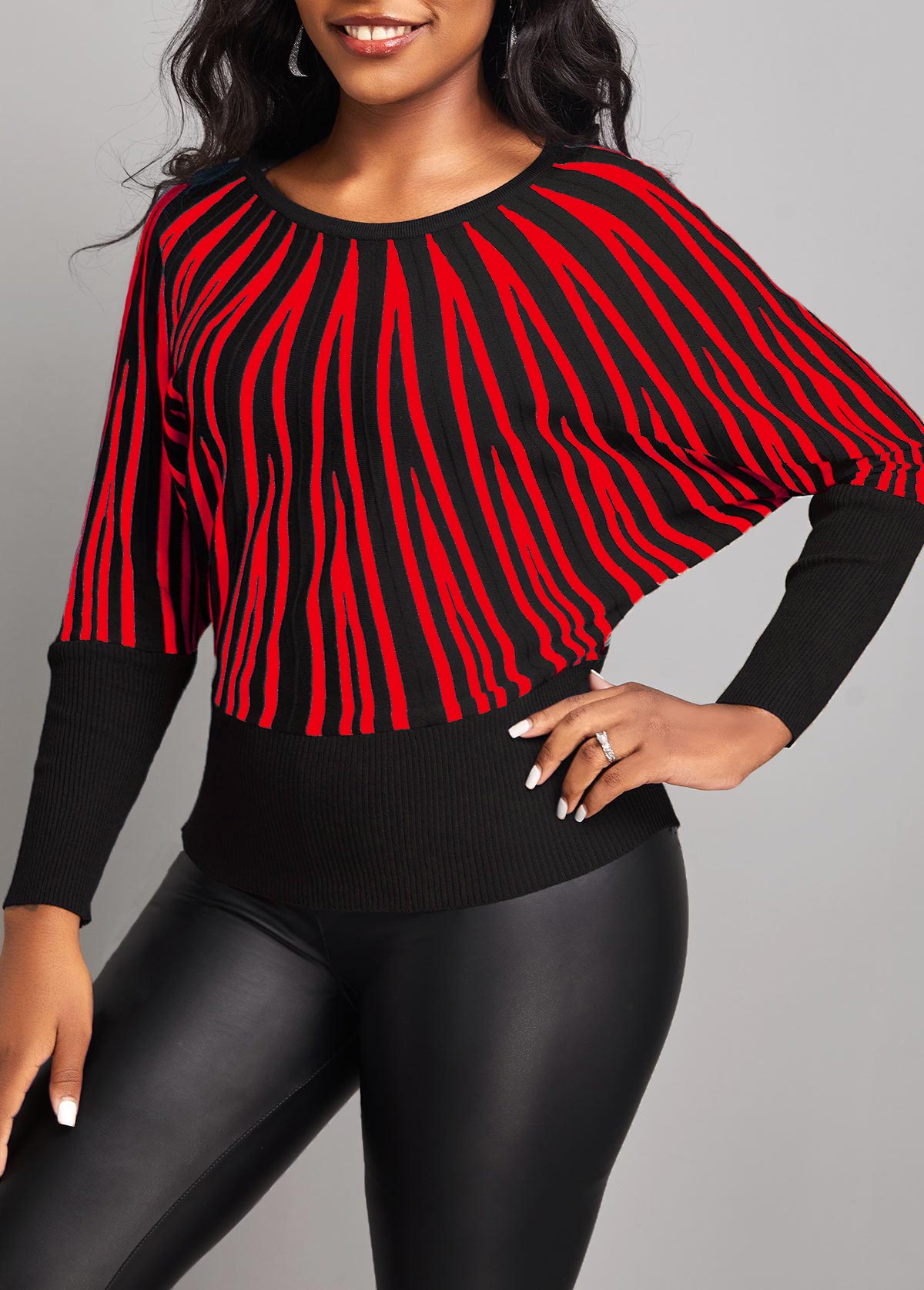 Geometric Print Red Round Neck Long Sleeve Sweater