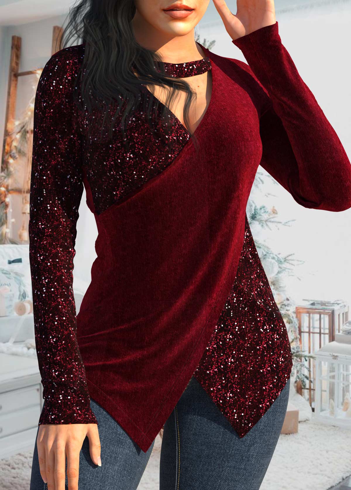 Wine Red V Neck Sequin T Shirt