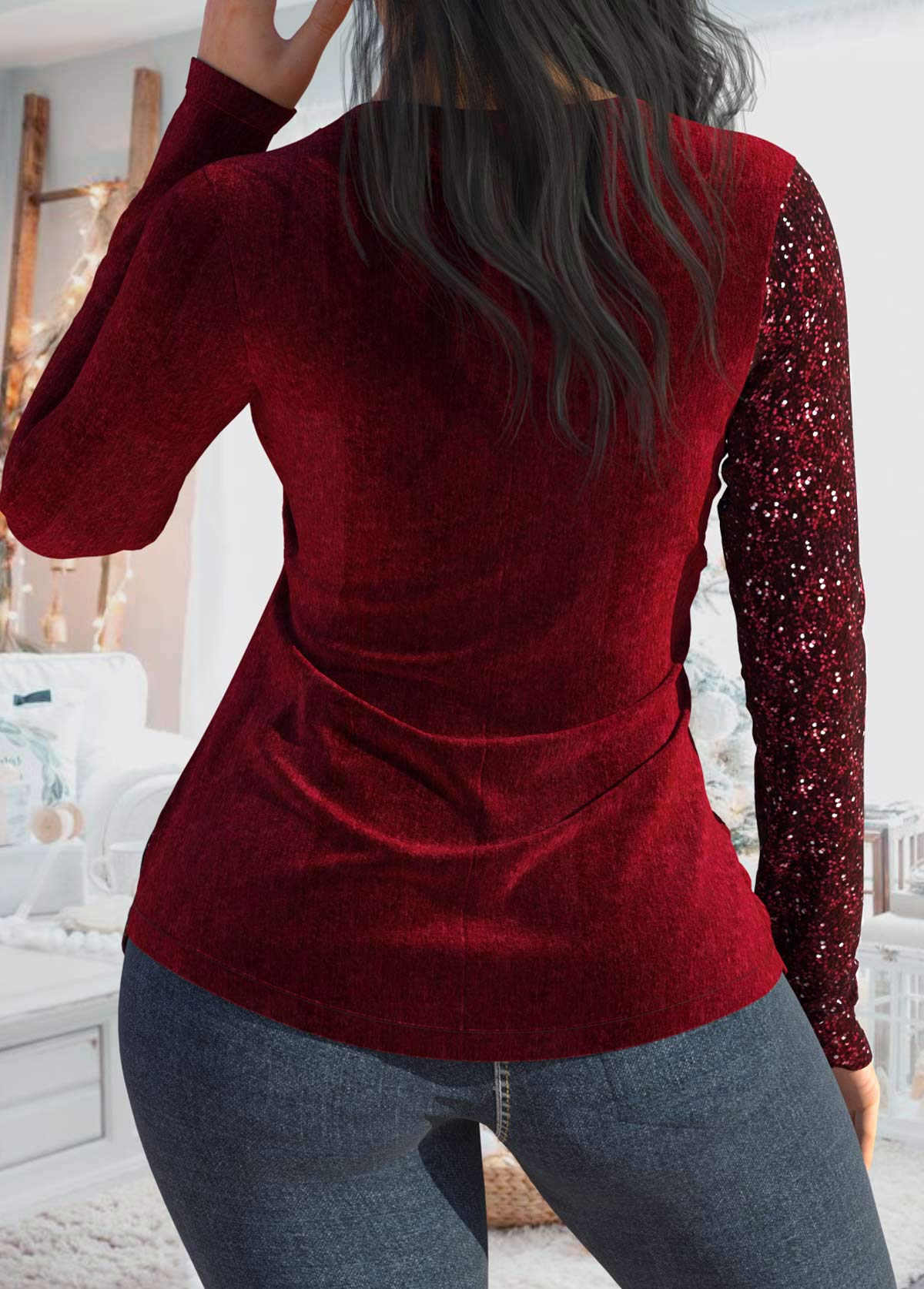 Wine Red V Neck Sequin T Shirt