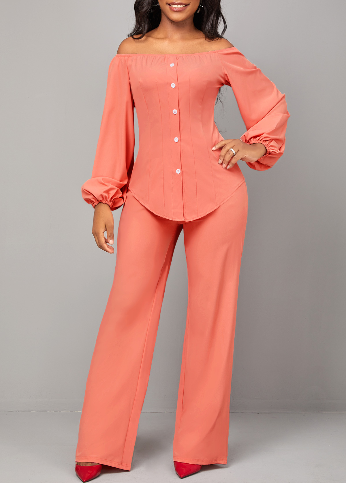 Coral Red Off Shoulder Button Top and Pants
