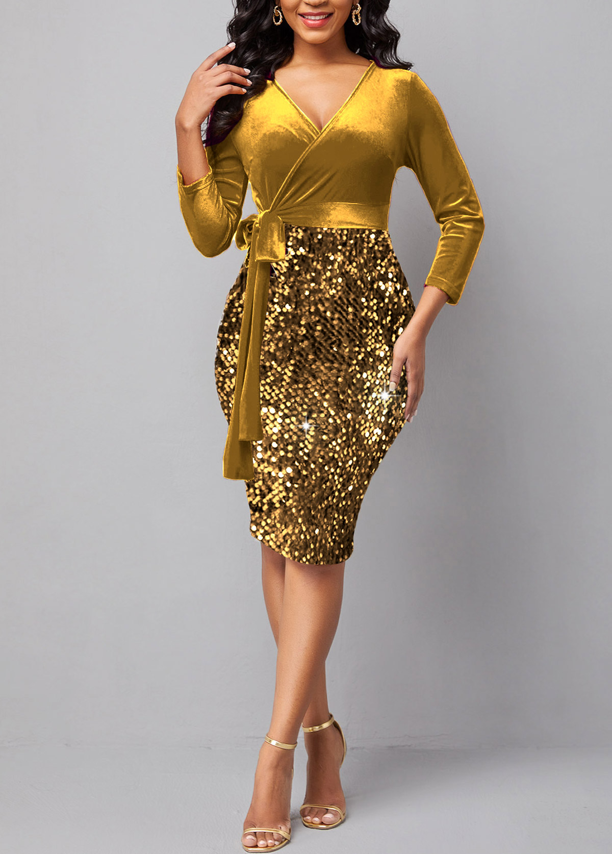 Long Sleeve V Neck Golden Sequin Dress