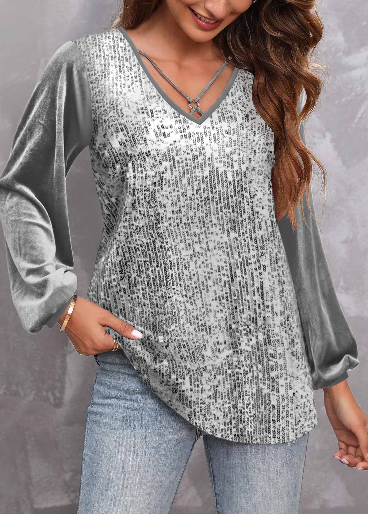 V Neck Sequin Silver Long Sleeve T Shirt | Rosewe.com - USD $34.98