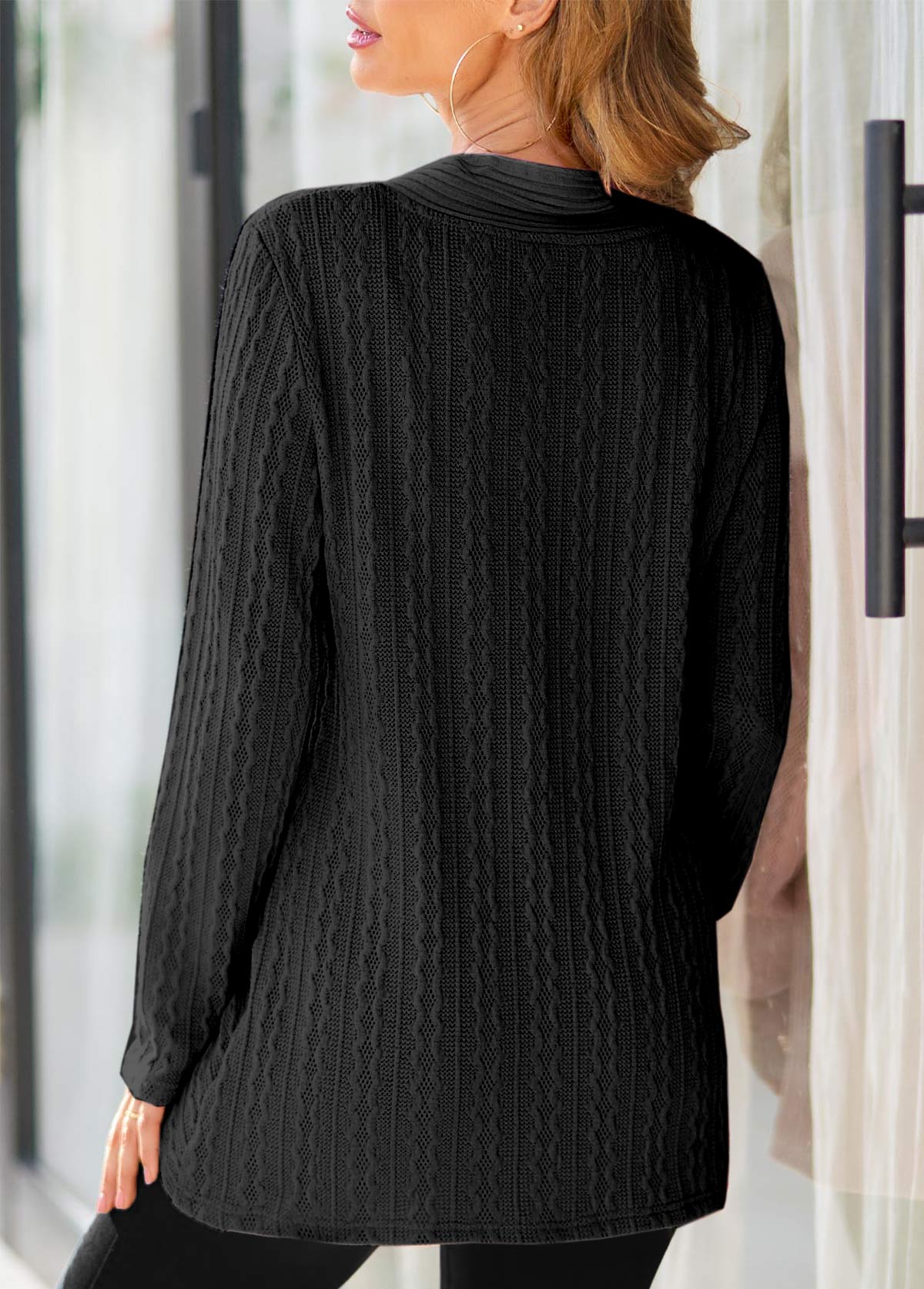 Plaid Surplice Black V Neck Long Sleeve Sweatshirt