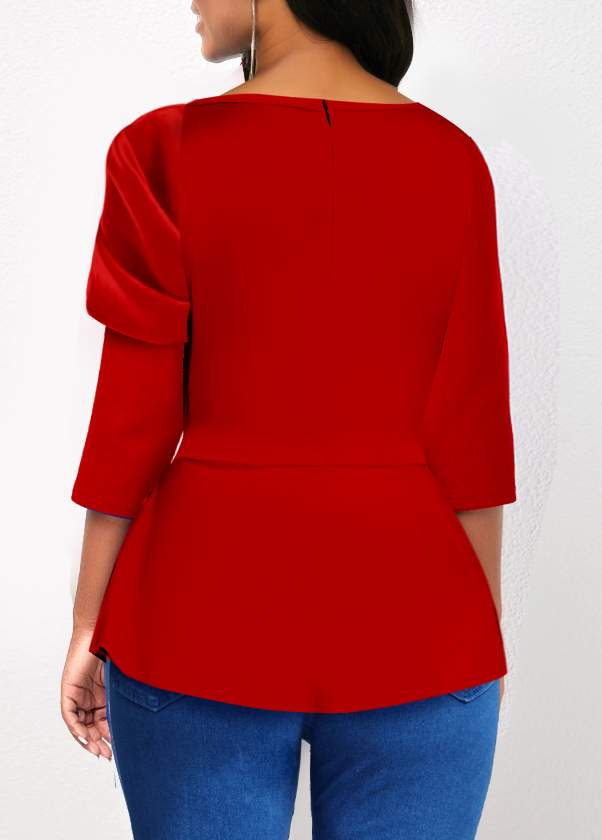 Asymmetry Red 3/4 Sleeve Boat Neck Blouse