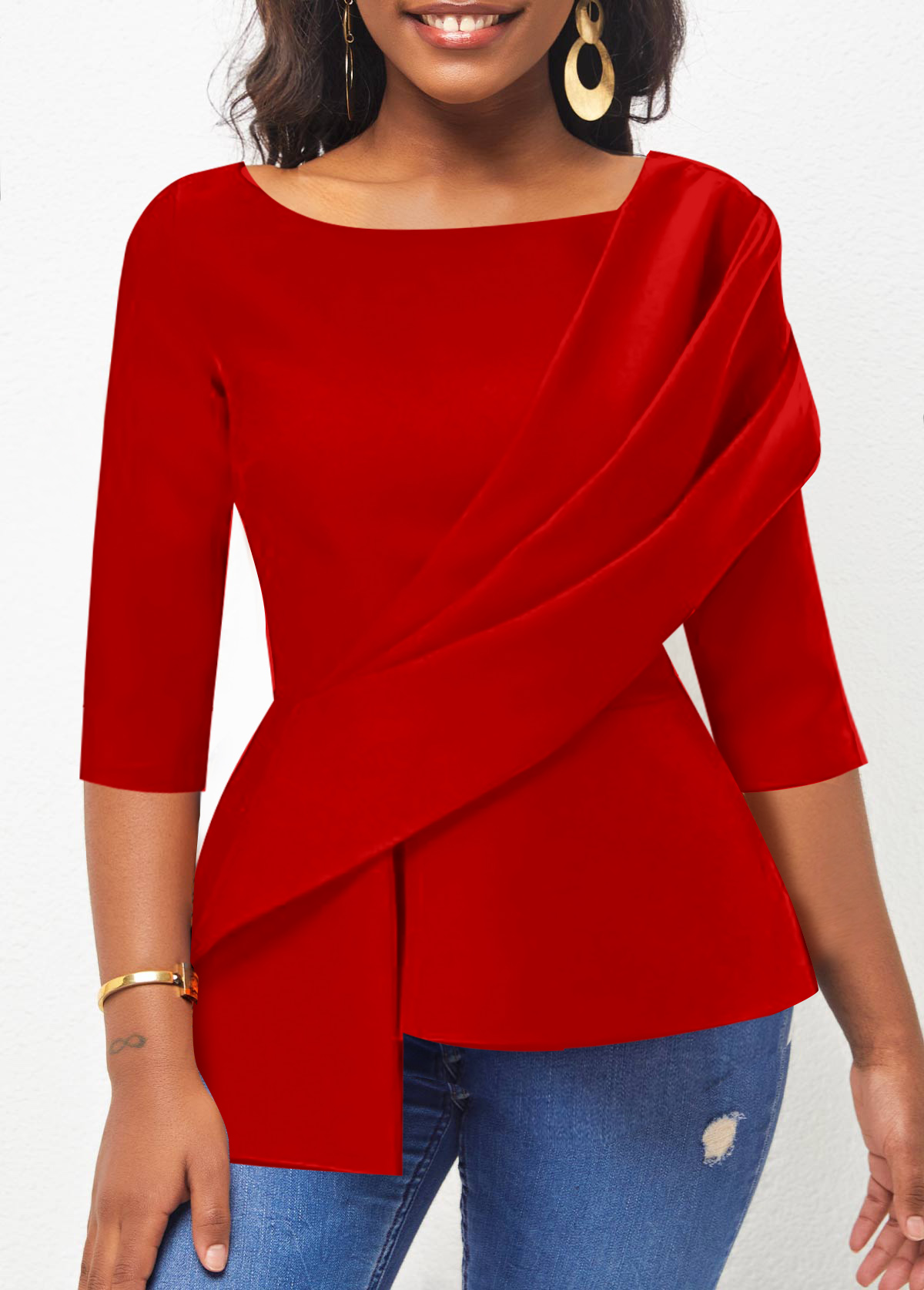 Asymmetry Red 3/4 Sleeve Boat Neck Blouse