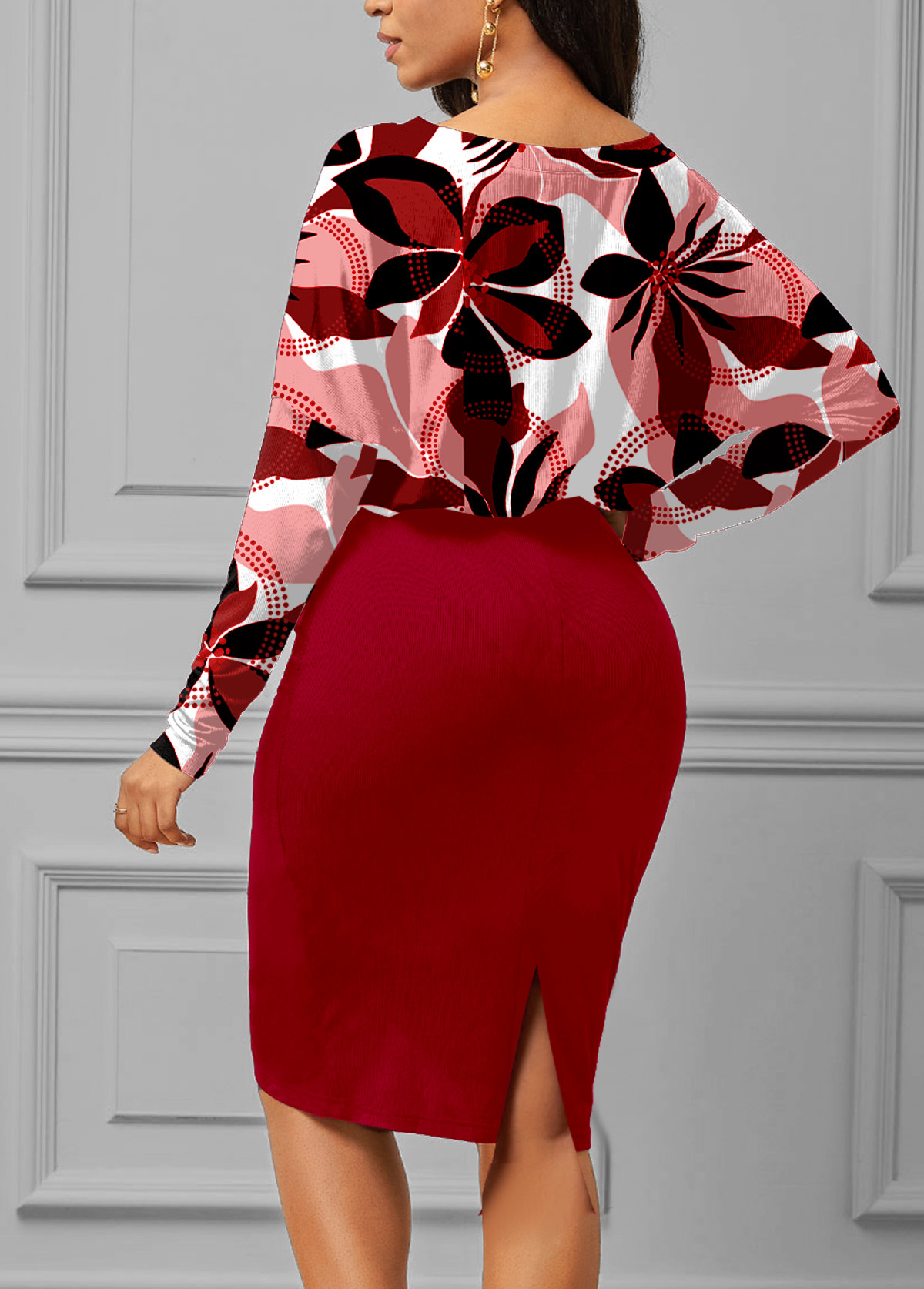 Floral Print Shirred Red Boat Neck Bodycon Dress