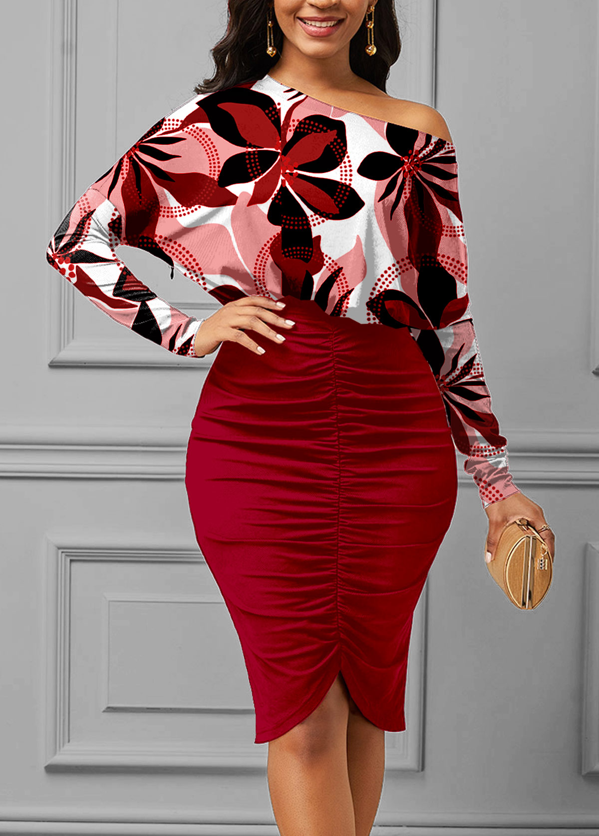 Floral Print Shirred Red Boat Neck Bodycon Dress