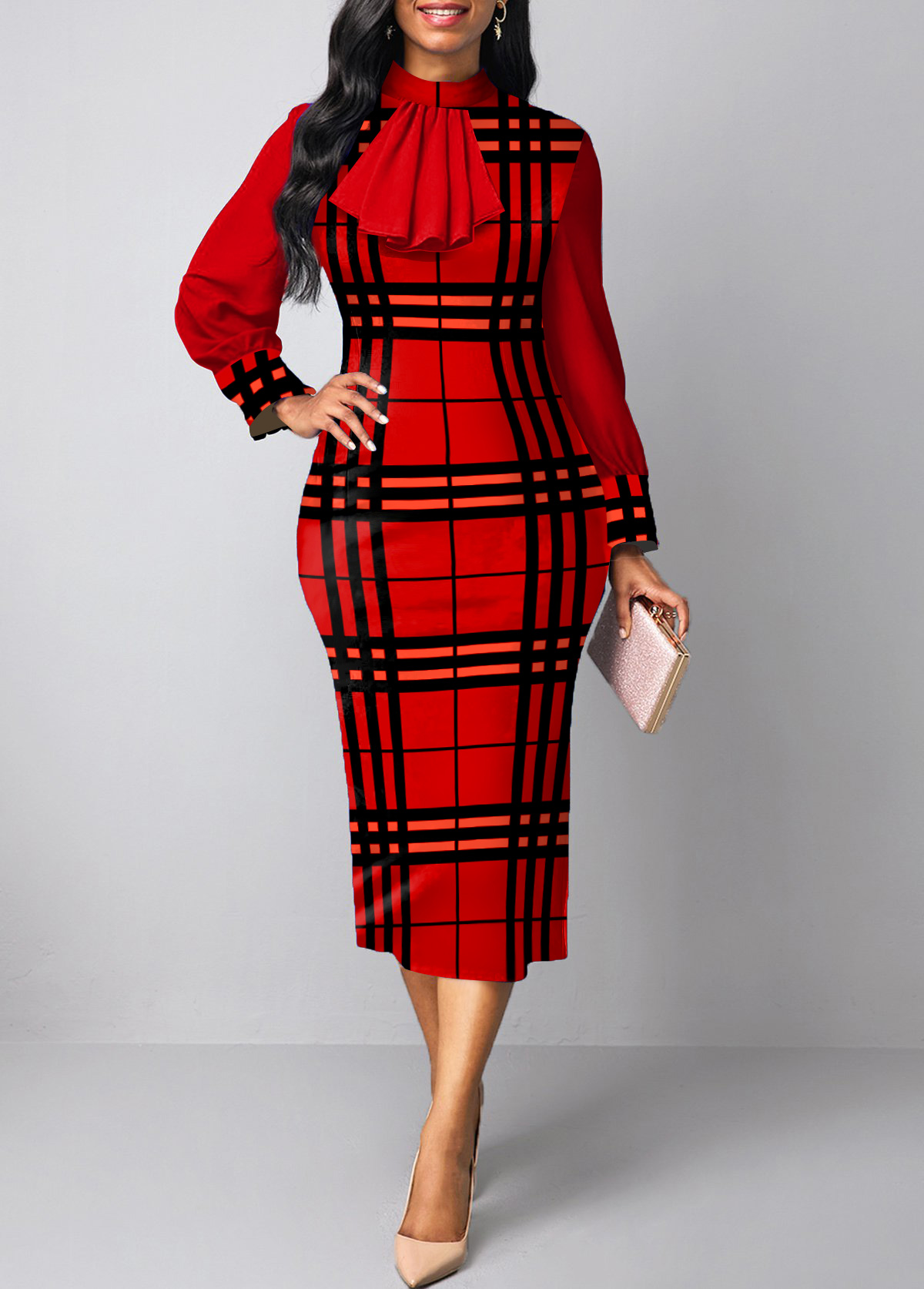 Plaid Patchwork Red Two Piece Suit Dress