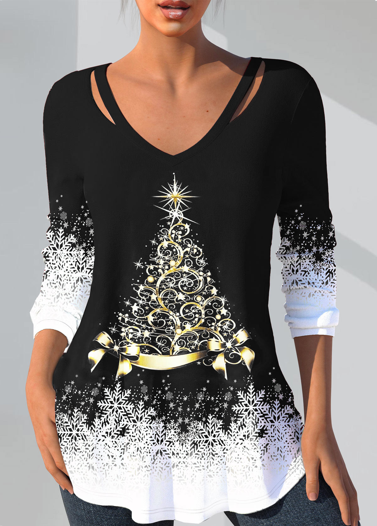 Christmas Tree Print Cut Out Black T Shirt
