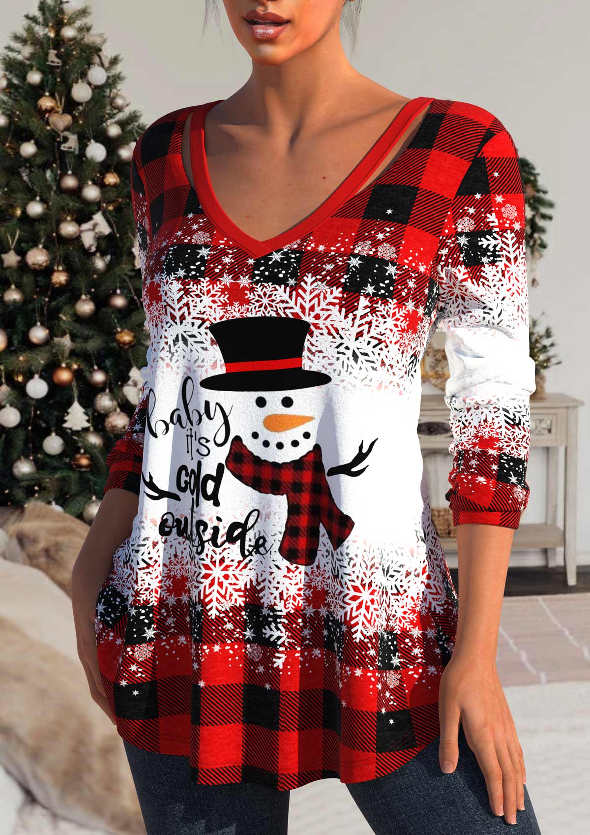 Christmas Snowman Print Cut Out Red T Shirt