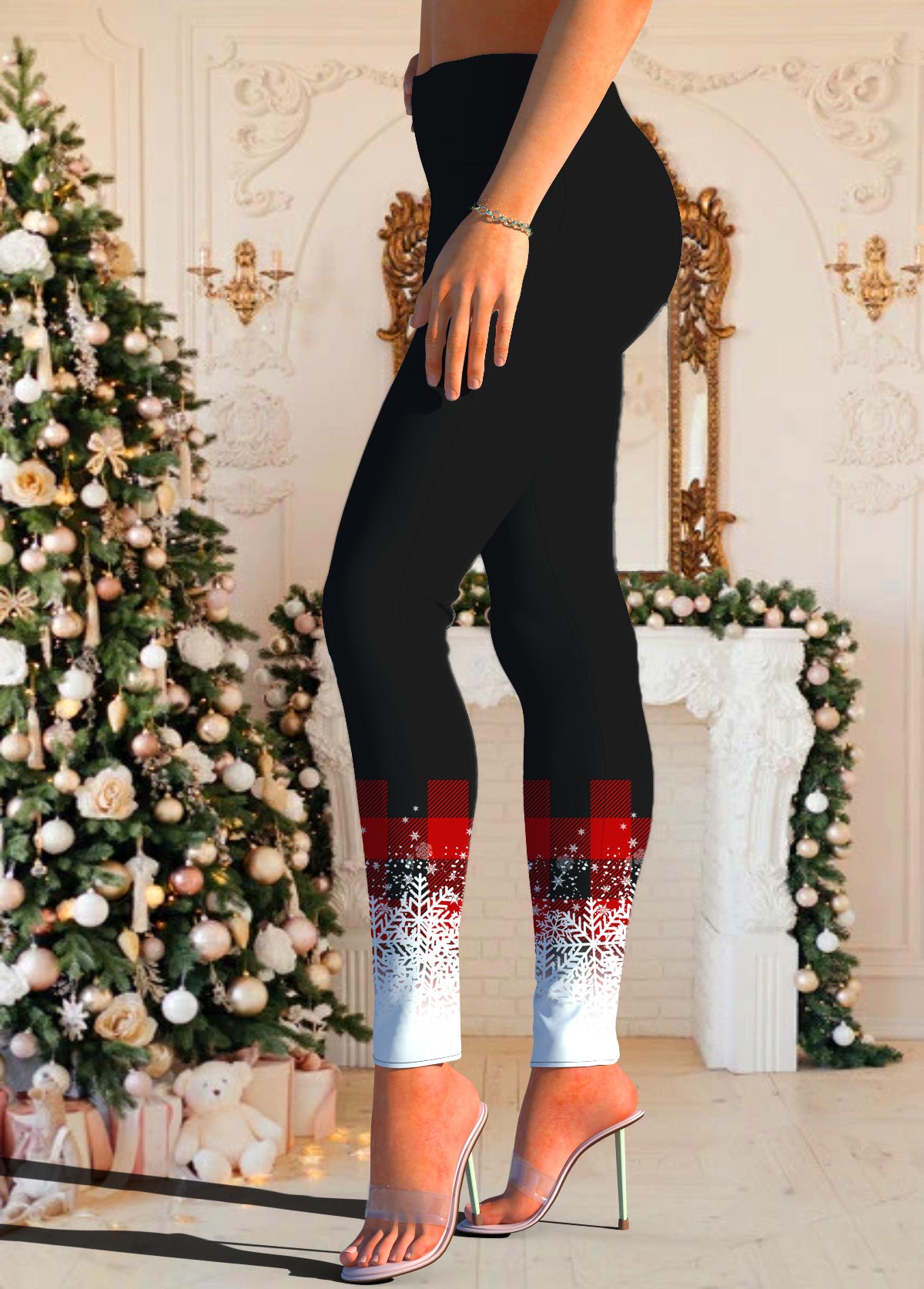 Christmas Red Snowflake Print Mid Waisted Leggings
