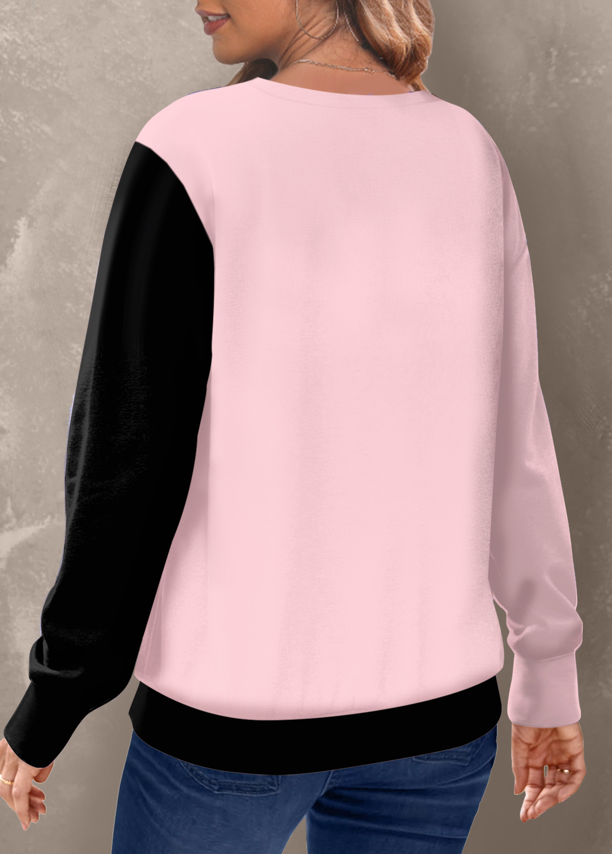 Patchwork Round Neck Pink Long Sleeve Sweatshirt