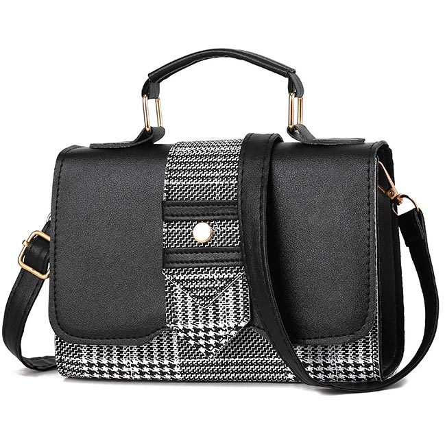 Black Houndstooth Print PU Magnetic Shoulder Bag