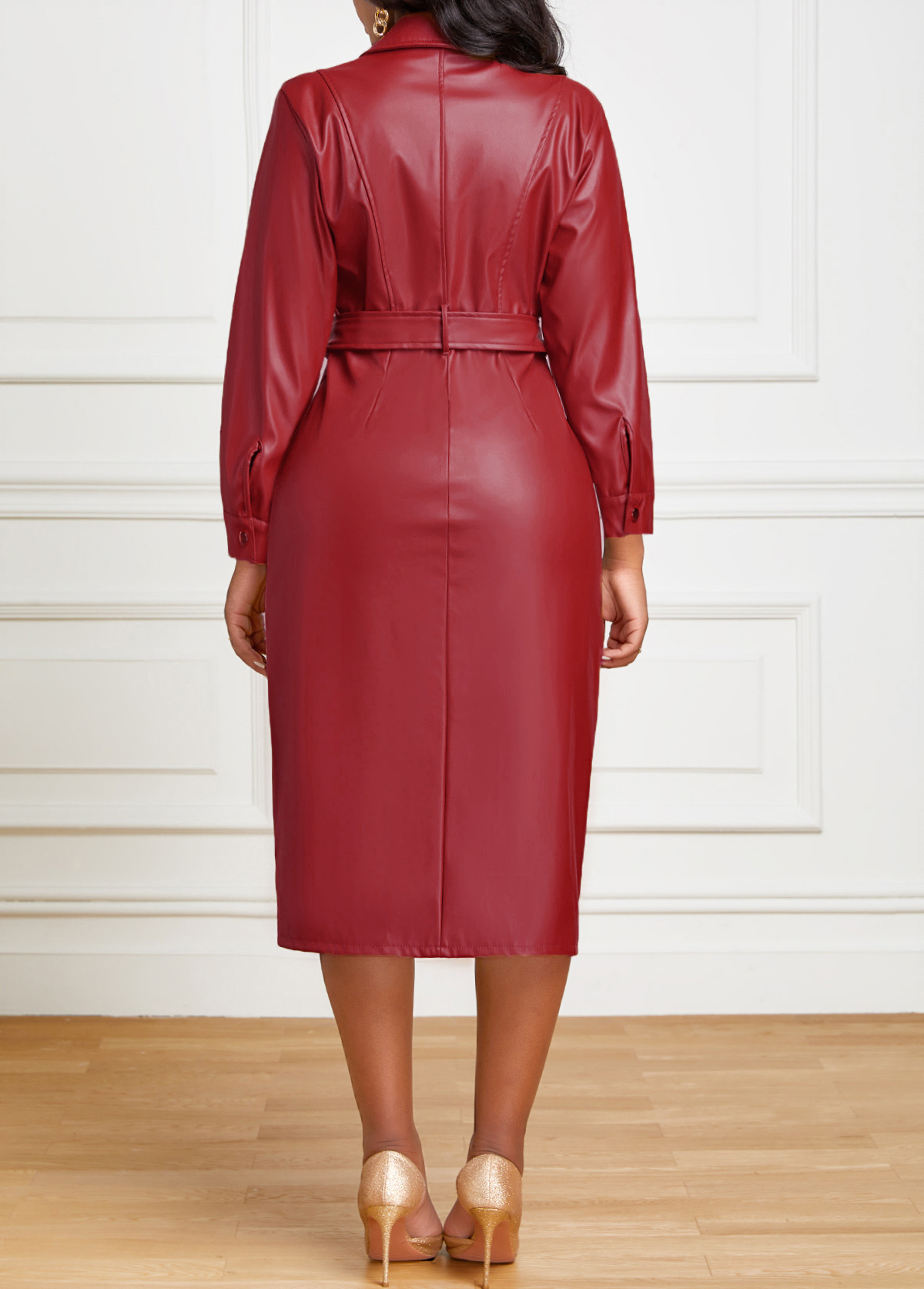 Belted Red Bodycon Turn Down Collar Dress