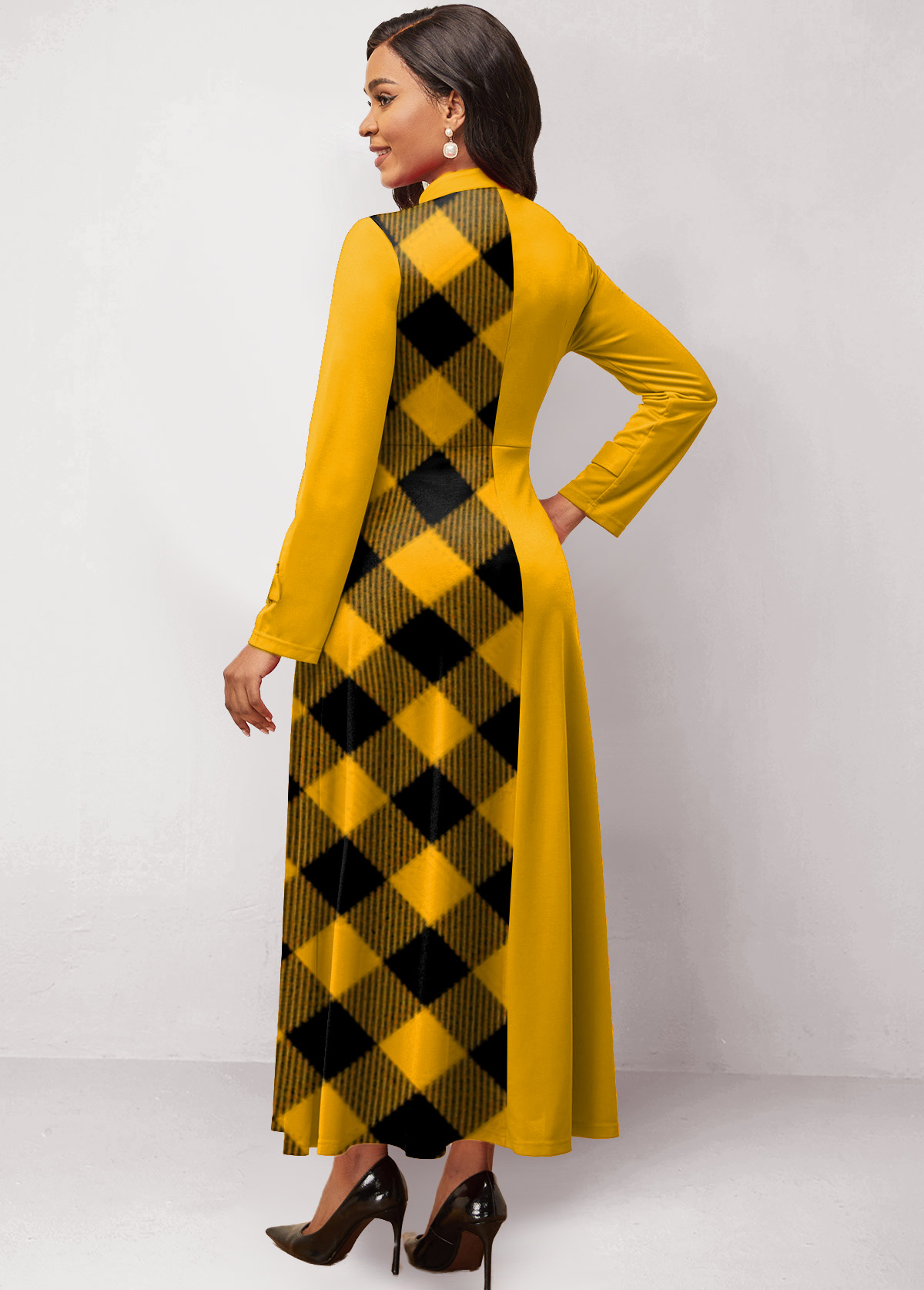 Plaid Yellow Maxi Stand Collar Long Sleeve Dress