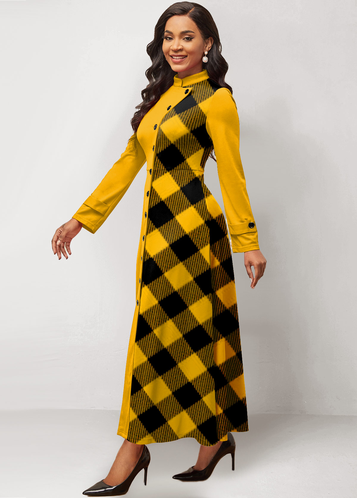 Plaid Yellow Maxi Stand Collar Long Sleeve Dress