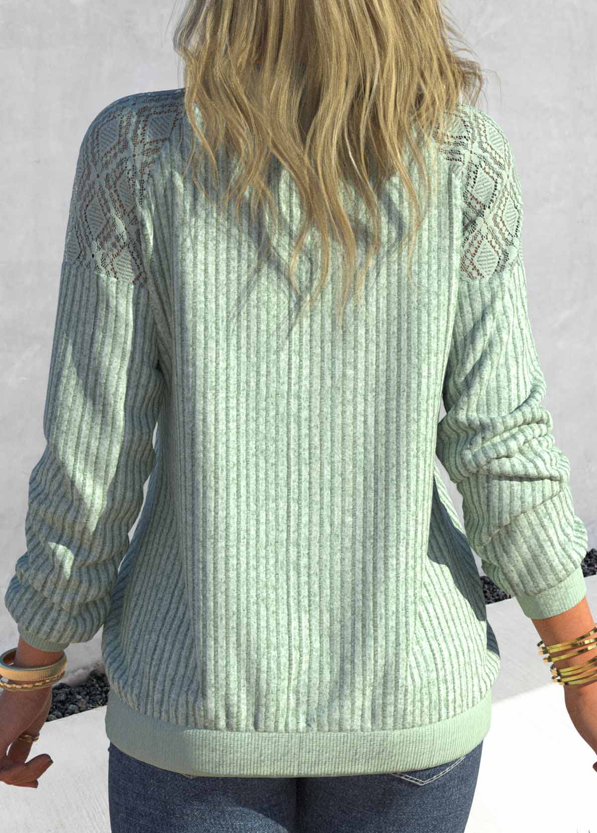 Mint Green Round Neck Long Sleeve Lace Sweatshirt
