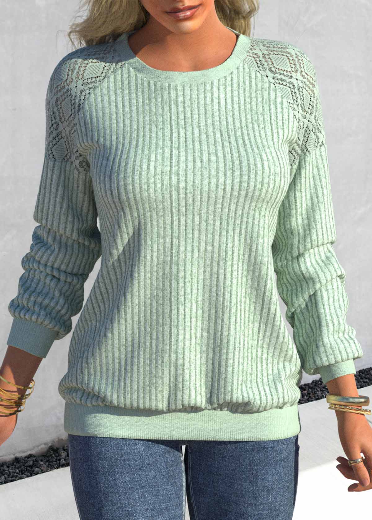 Mint Green Round Neck Long Sleeve Lace Sweatshirt