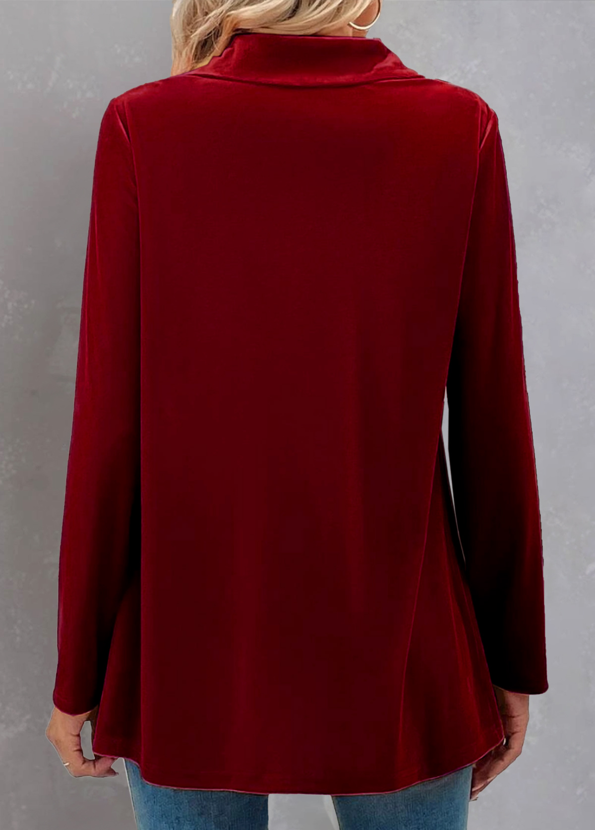Wine Red Shirt Collar Long Sleeve Velvet Blouse