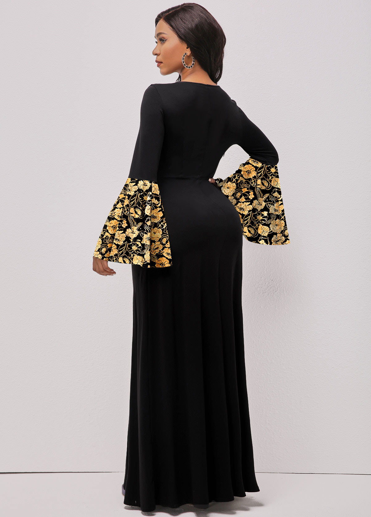 Random Floral Print Hot Stamping Black Maxi Dress