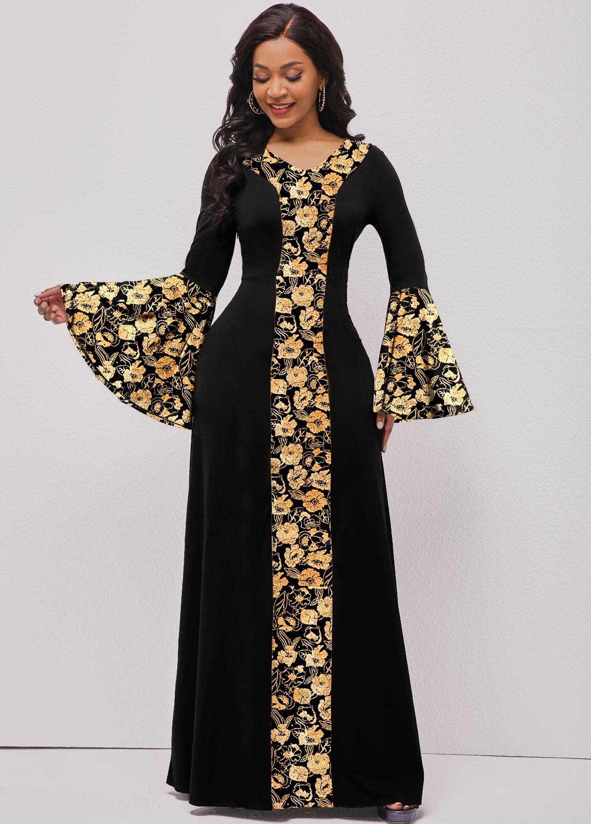 Random Floral Print Hot Stamping Black Maxi Dress