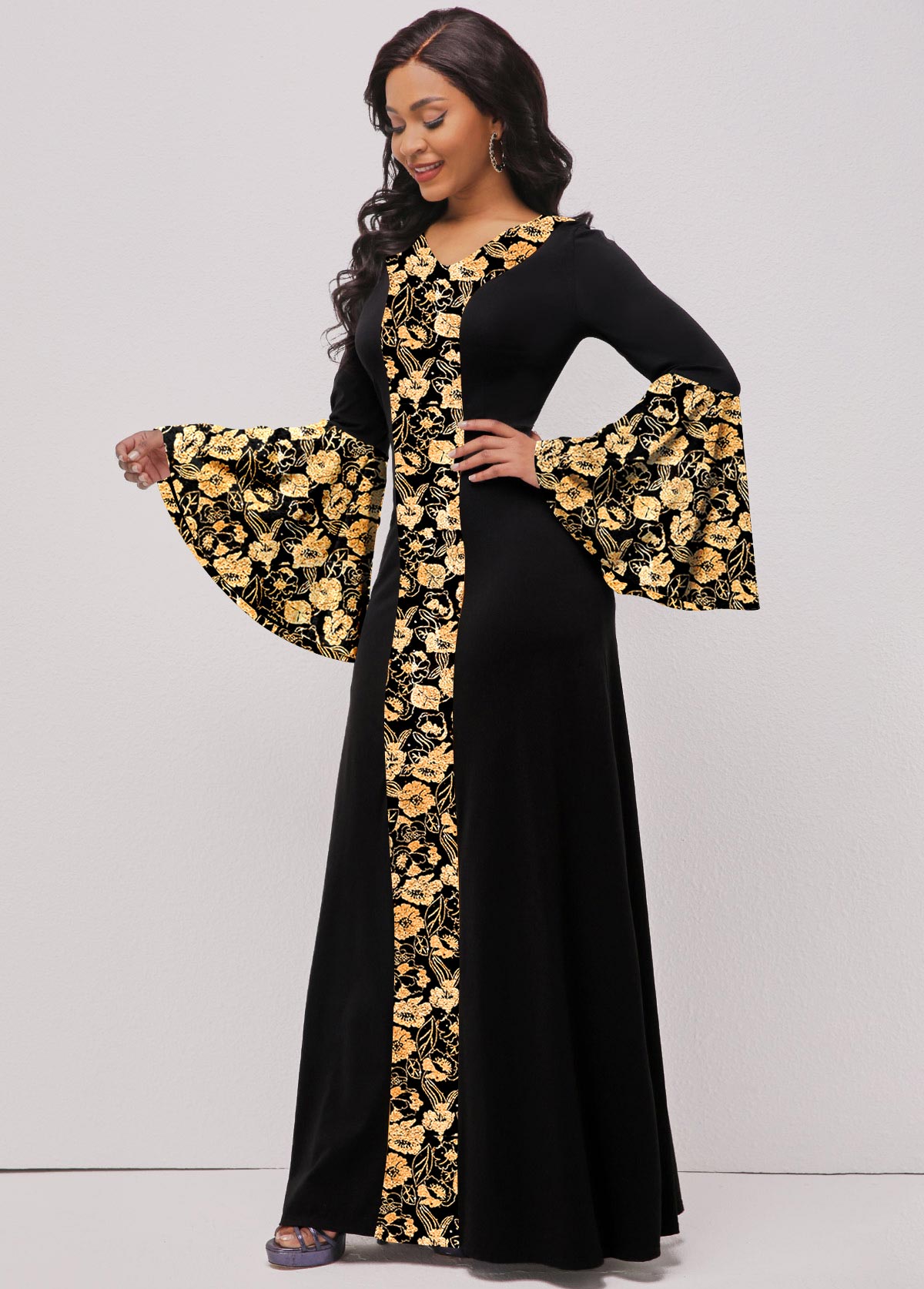 Random Floral Print Hot Stamping Black Maxi Dress