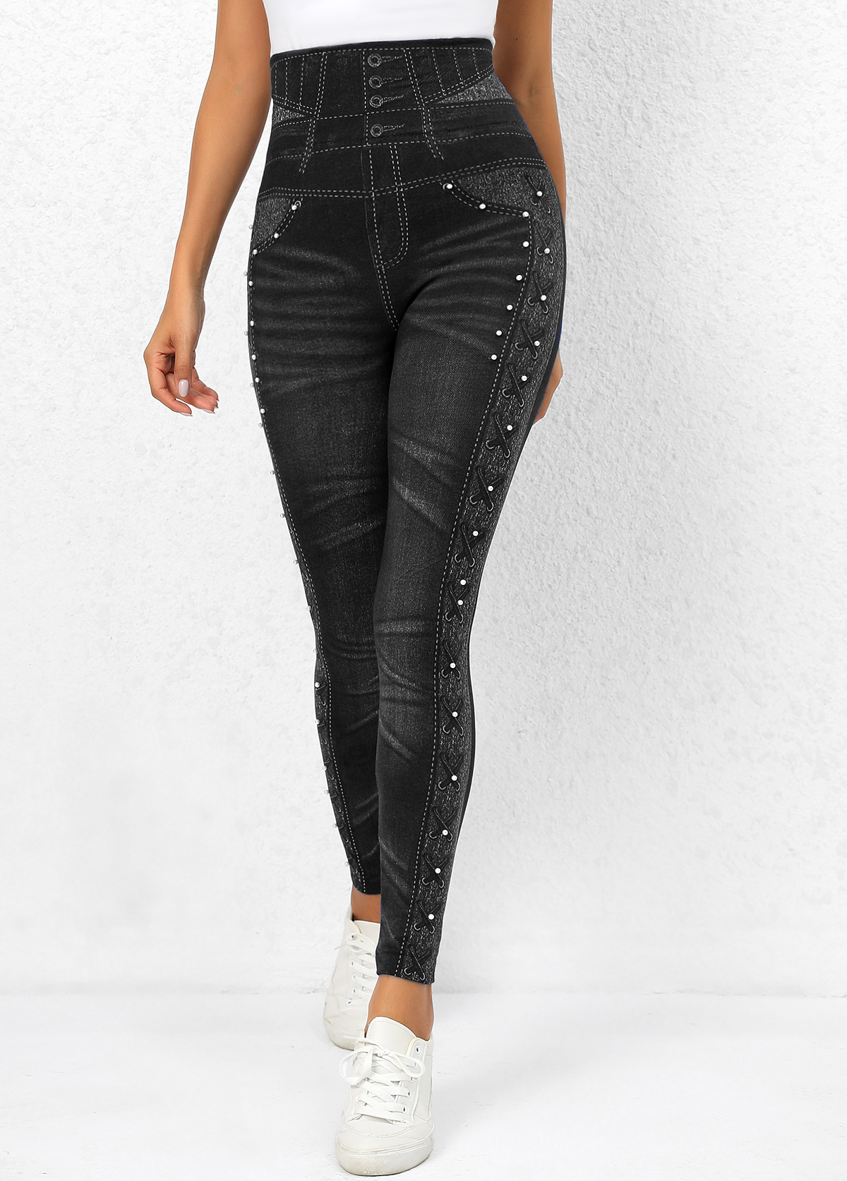 Black Beaded High Waisted Ankle Length Leggings