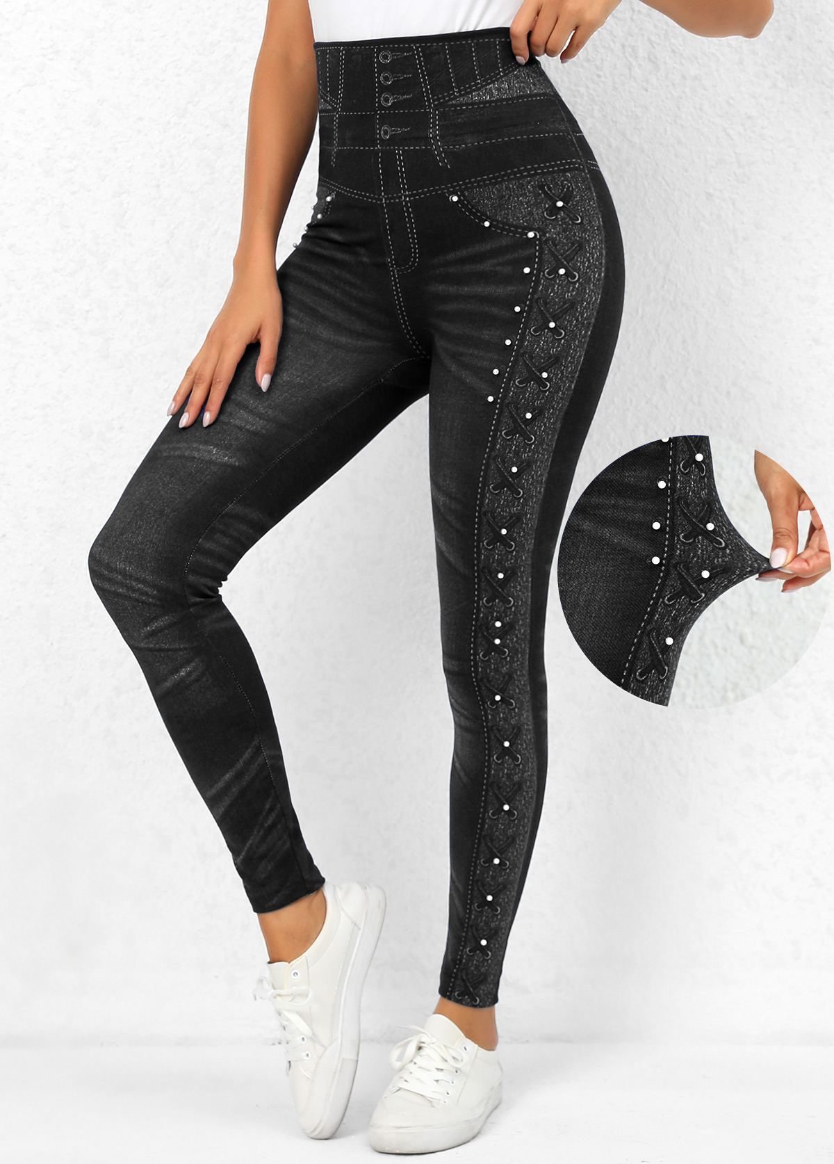 Black Beaded High Waisted Ankle Length Leggings