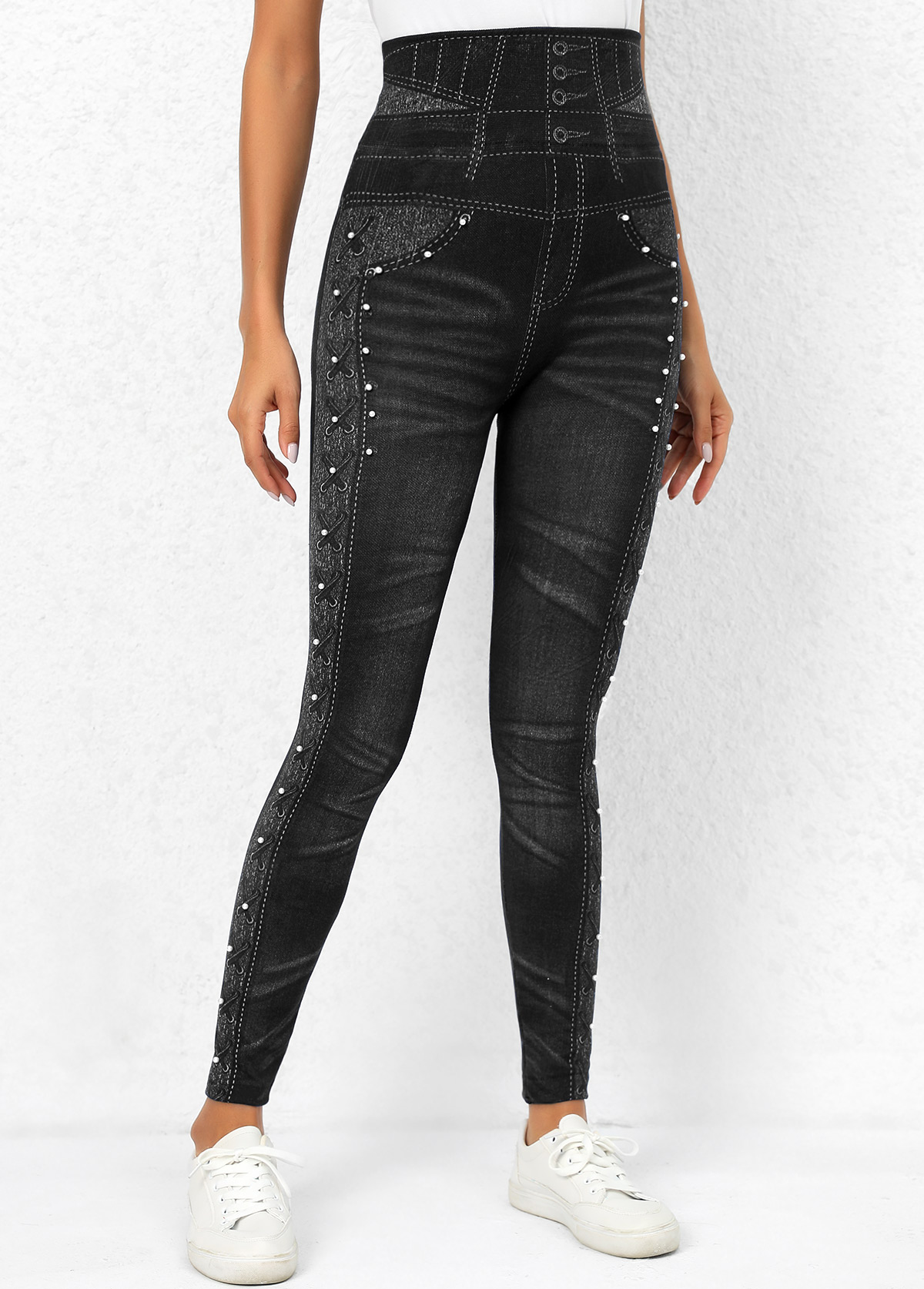 Black Beaded High Waisted Ankle Length Leggings