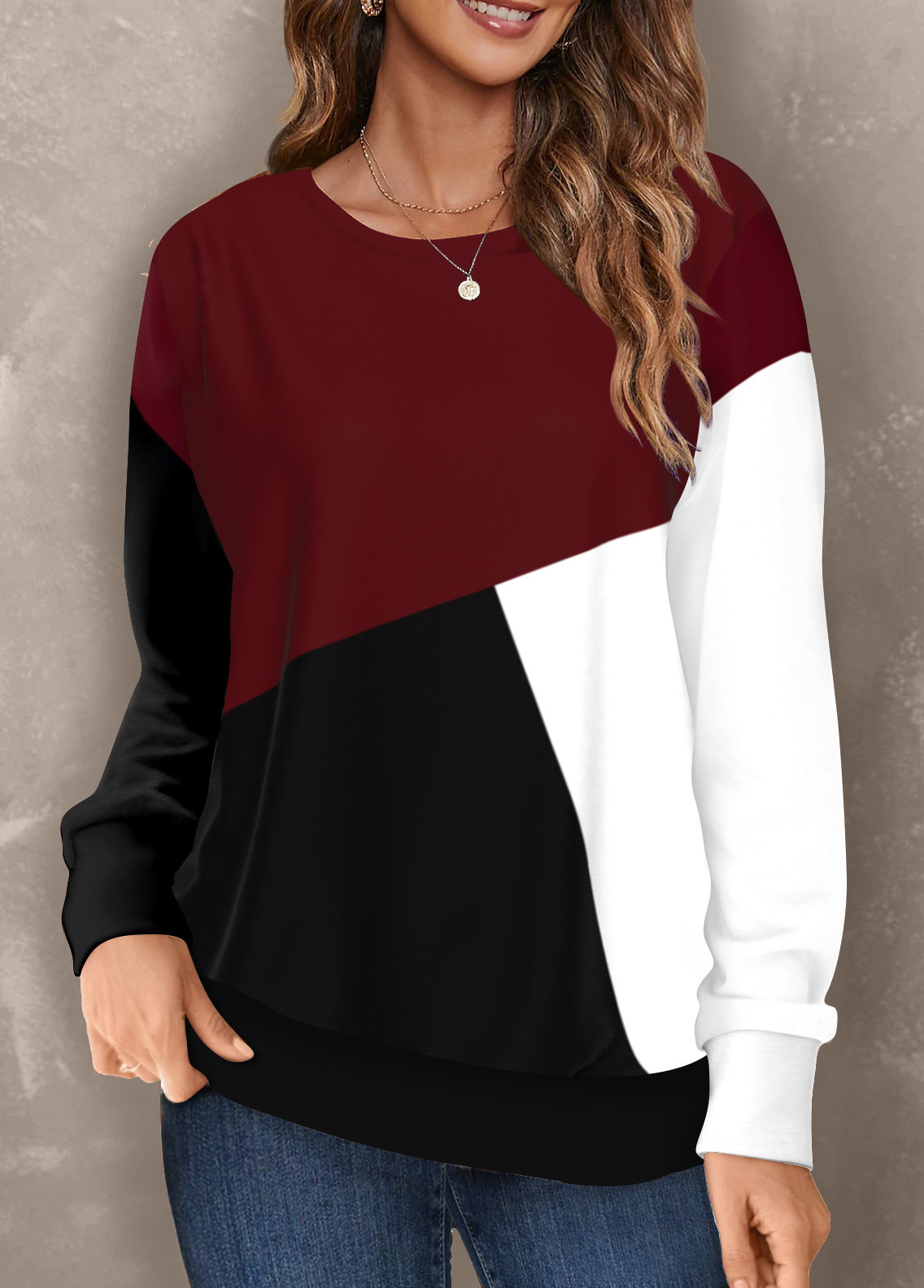 Red Round Neck Geometric Print Long Sleeve Sweatshirt