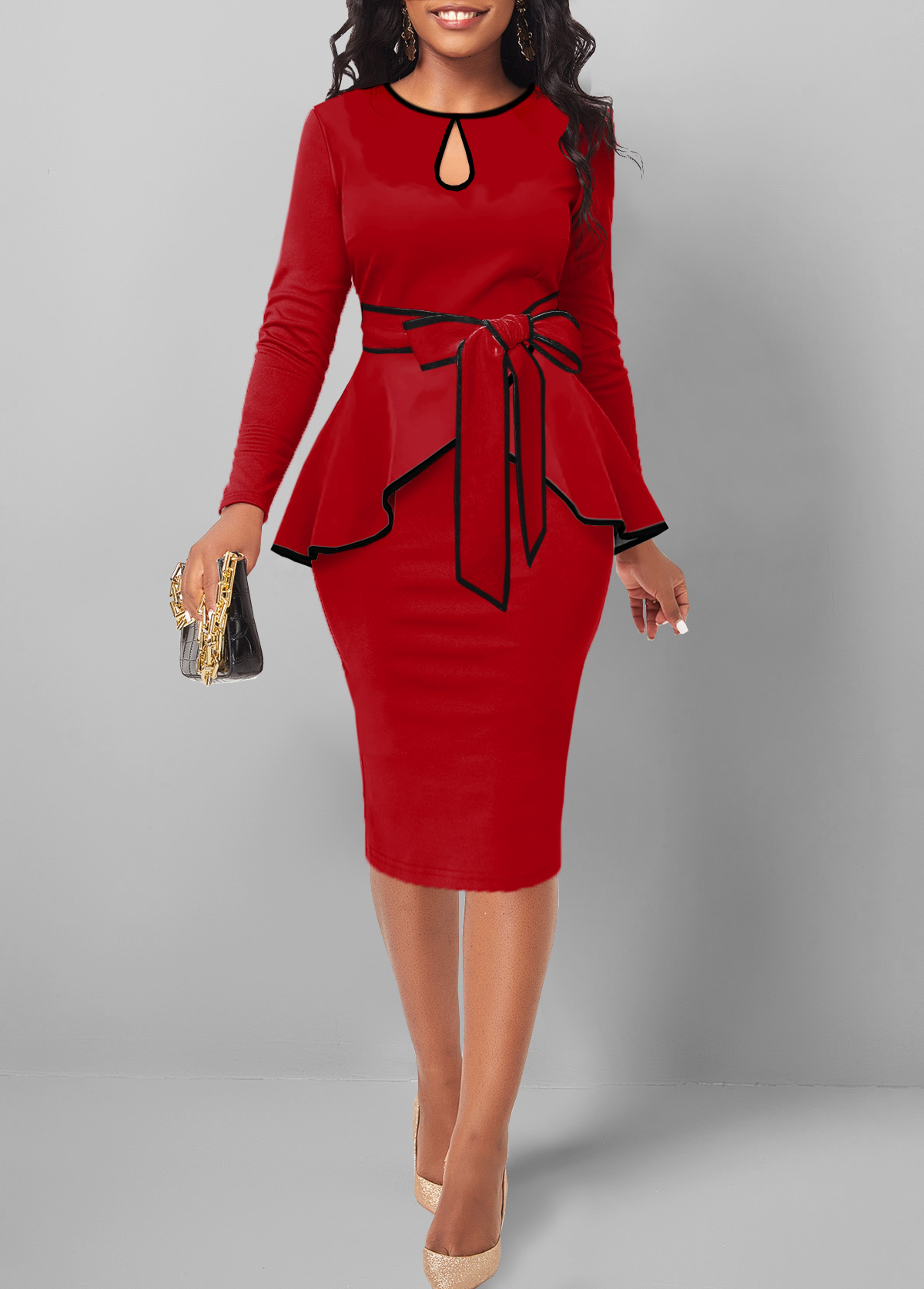 Contrast Binding Belted Red Round Neck Bodycon Dress
