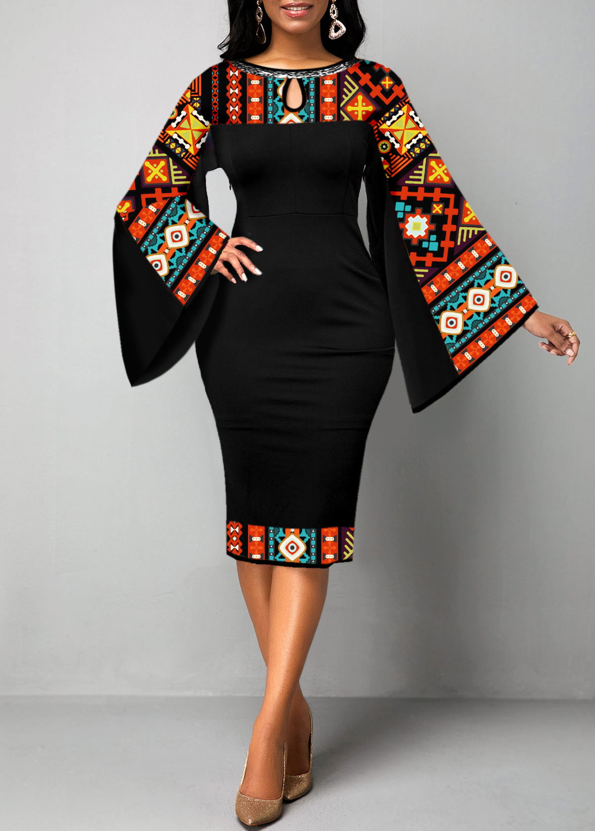 African Tribal Print Patchwork Black Bodycon Dress