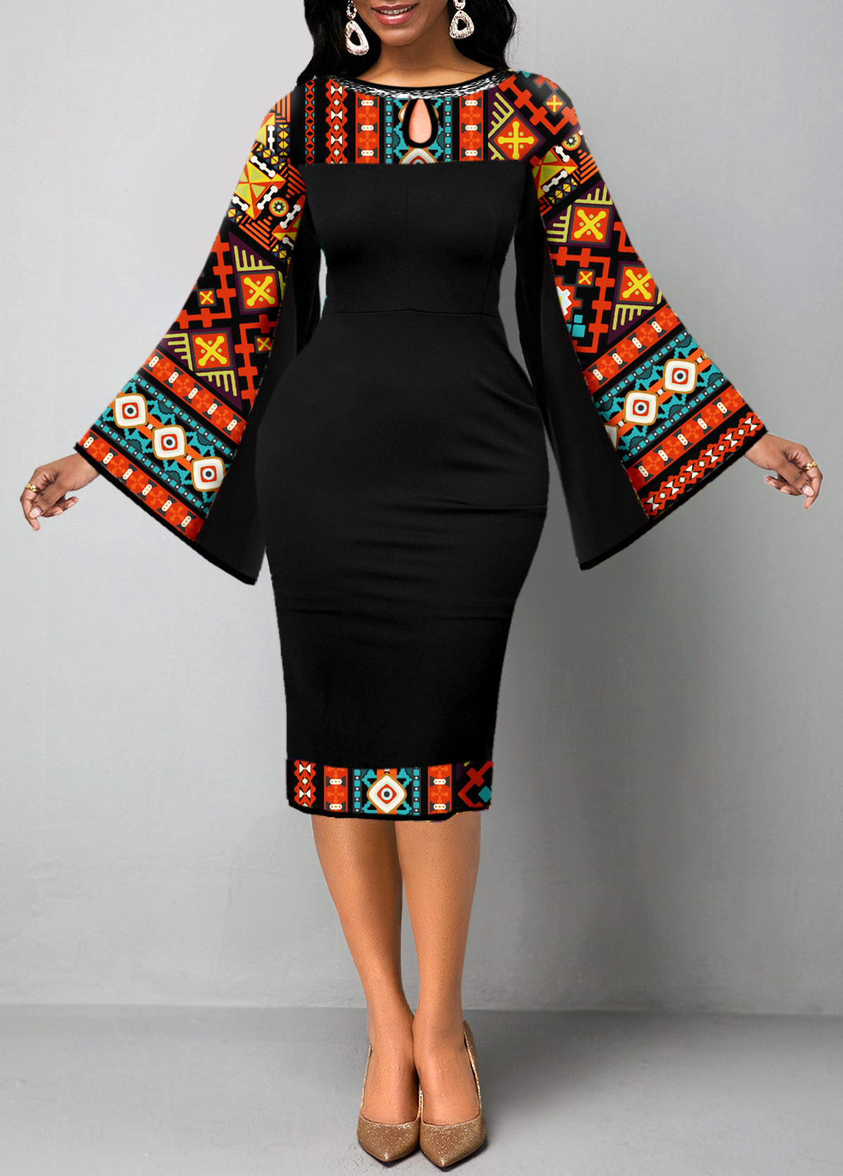 African Tribal Print Patchwork Black Bodycon Dress