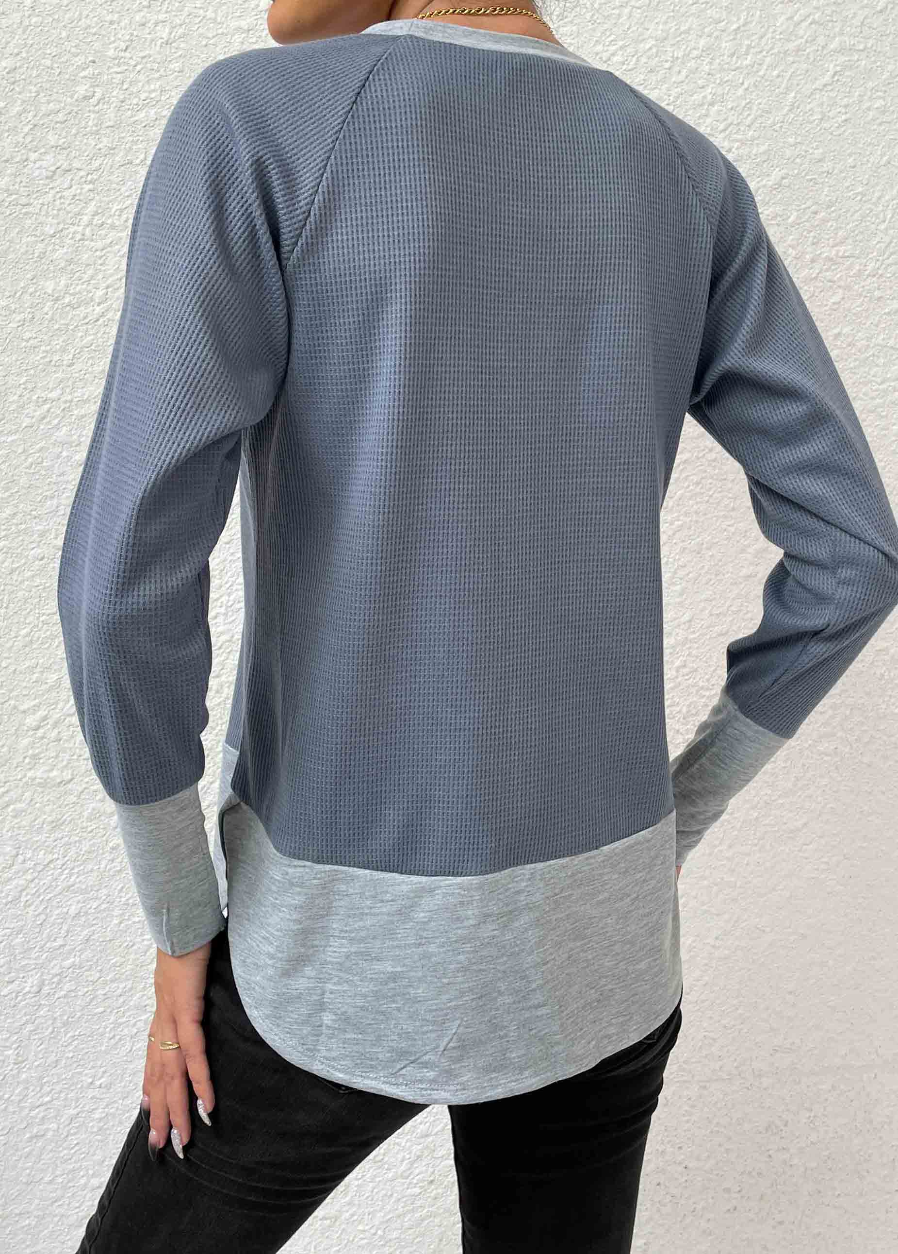 Patchwork Round Neck Long Sleeve Grey T Shirt