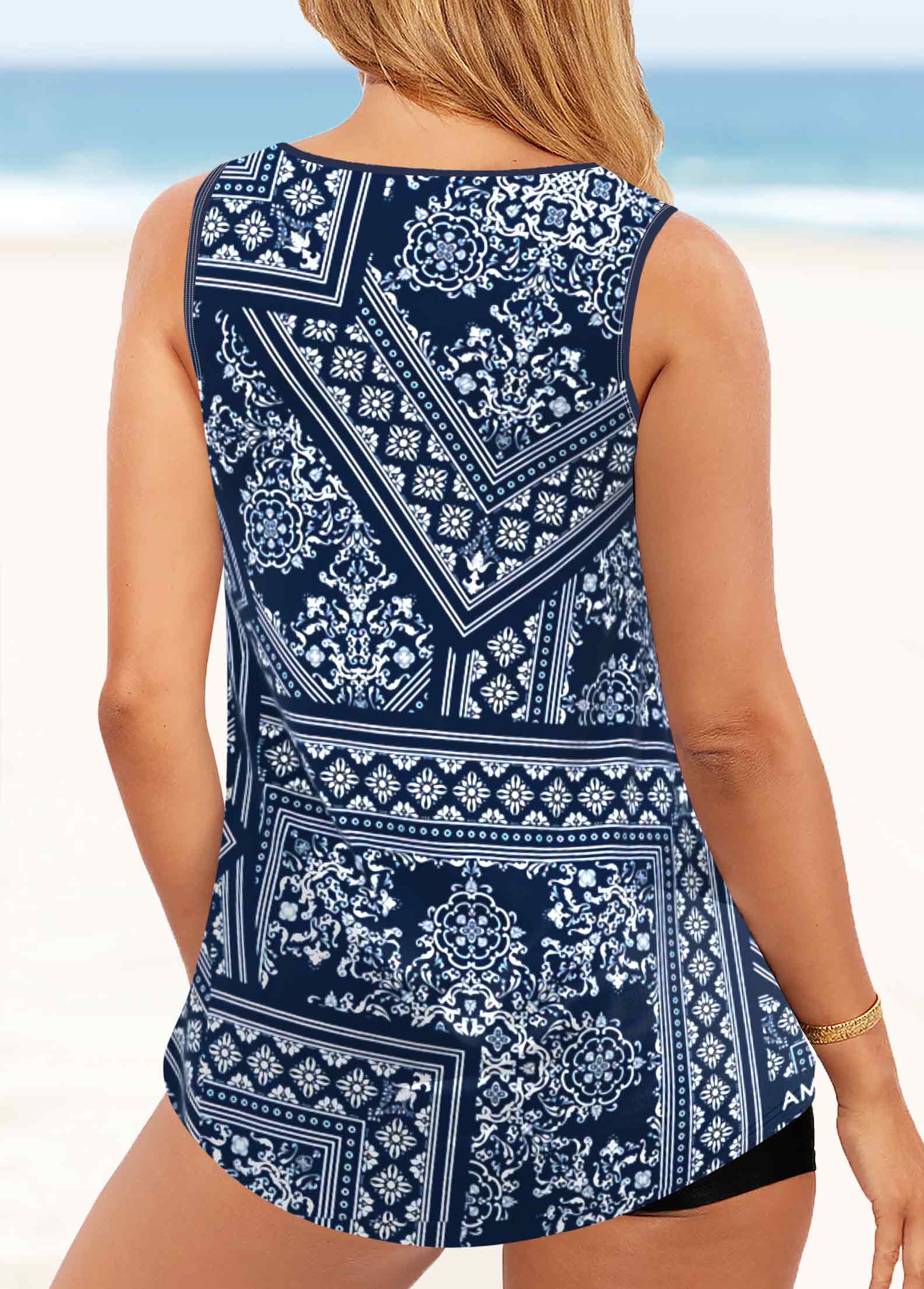 Patchwork Metal Ring Navy Tankini Set