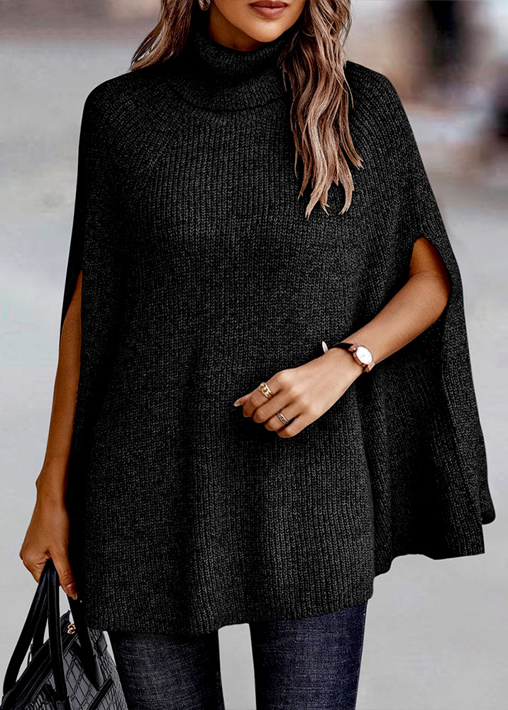 Split Turtleneck Short Sleeve Black Sweater