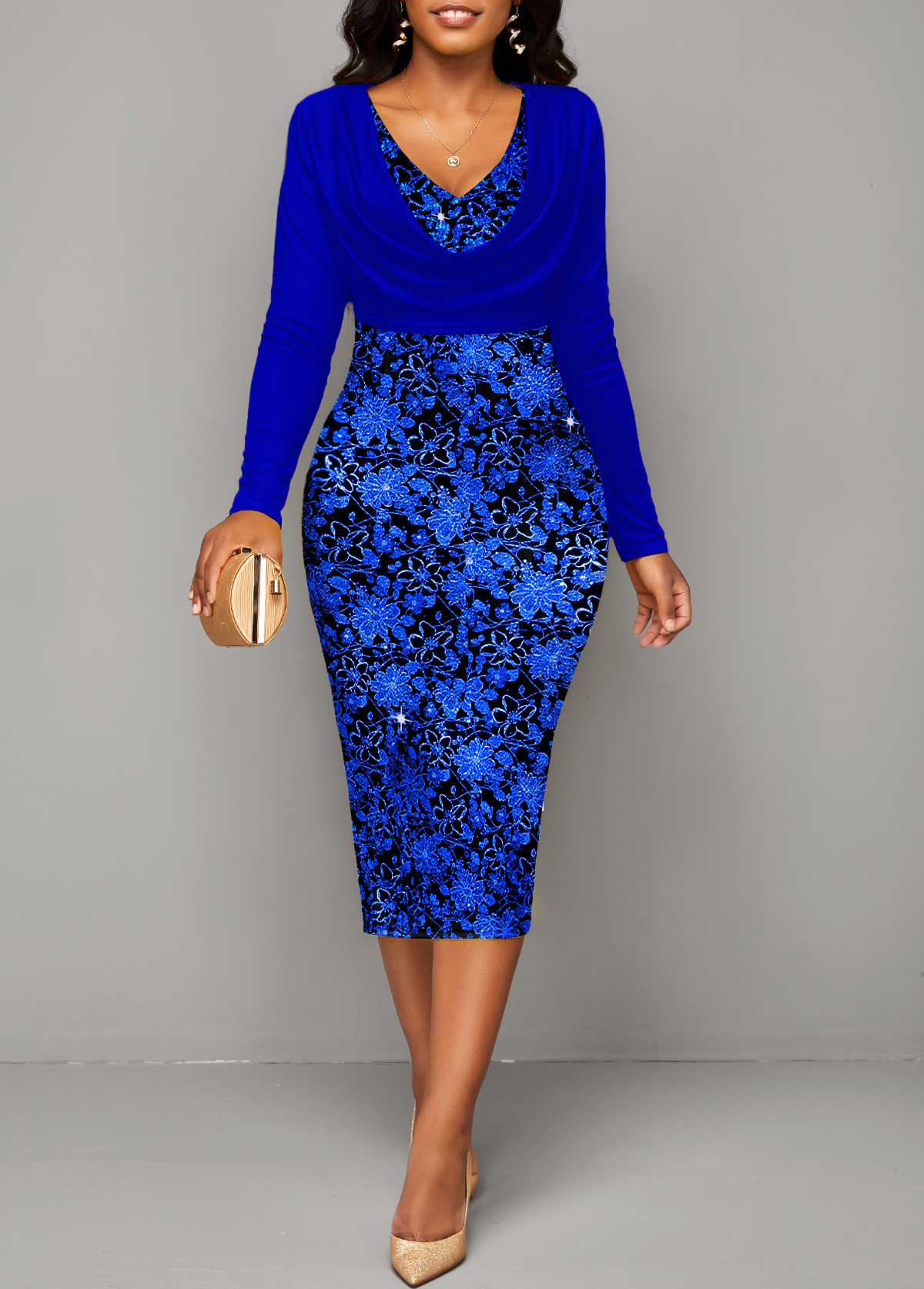 Royal Blue Hot Stamping V Neck Bodycon Dress | Rosewe.com - USD $35.98