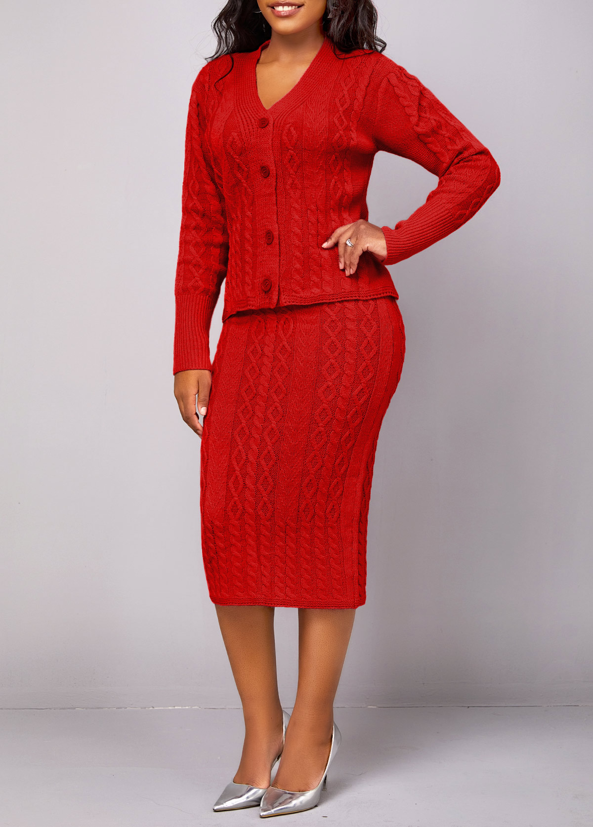 Red Button Long Sleeve Top and Skirt