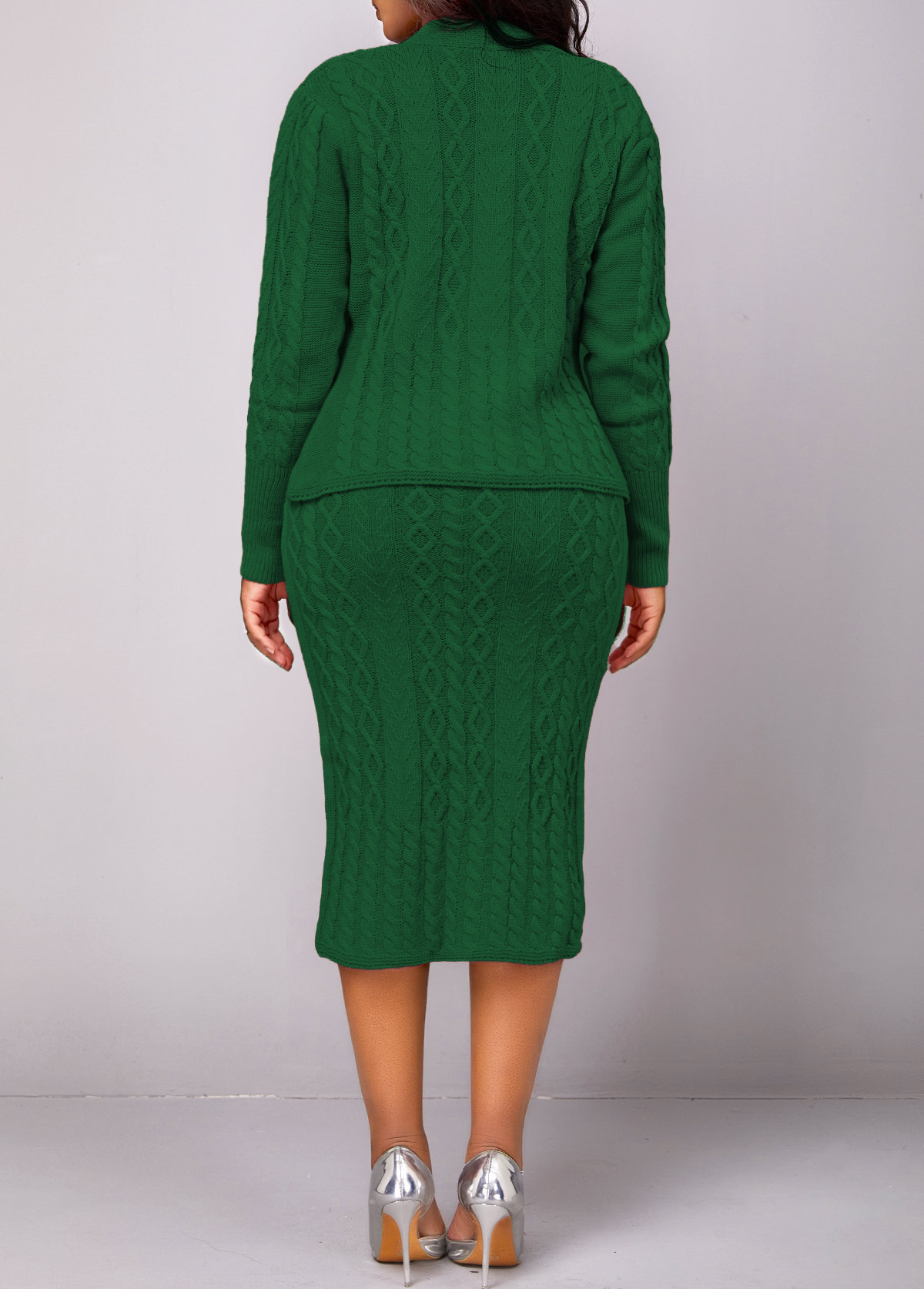 Blackish Green Button Long Sleeve Top and Skirt