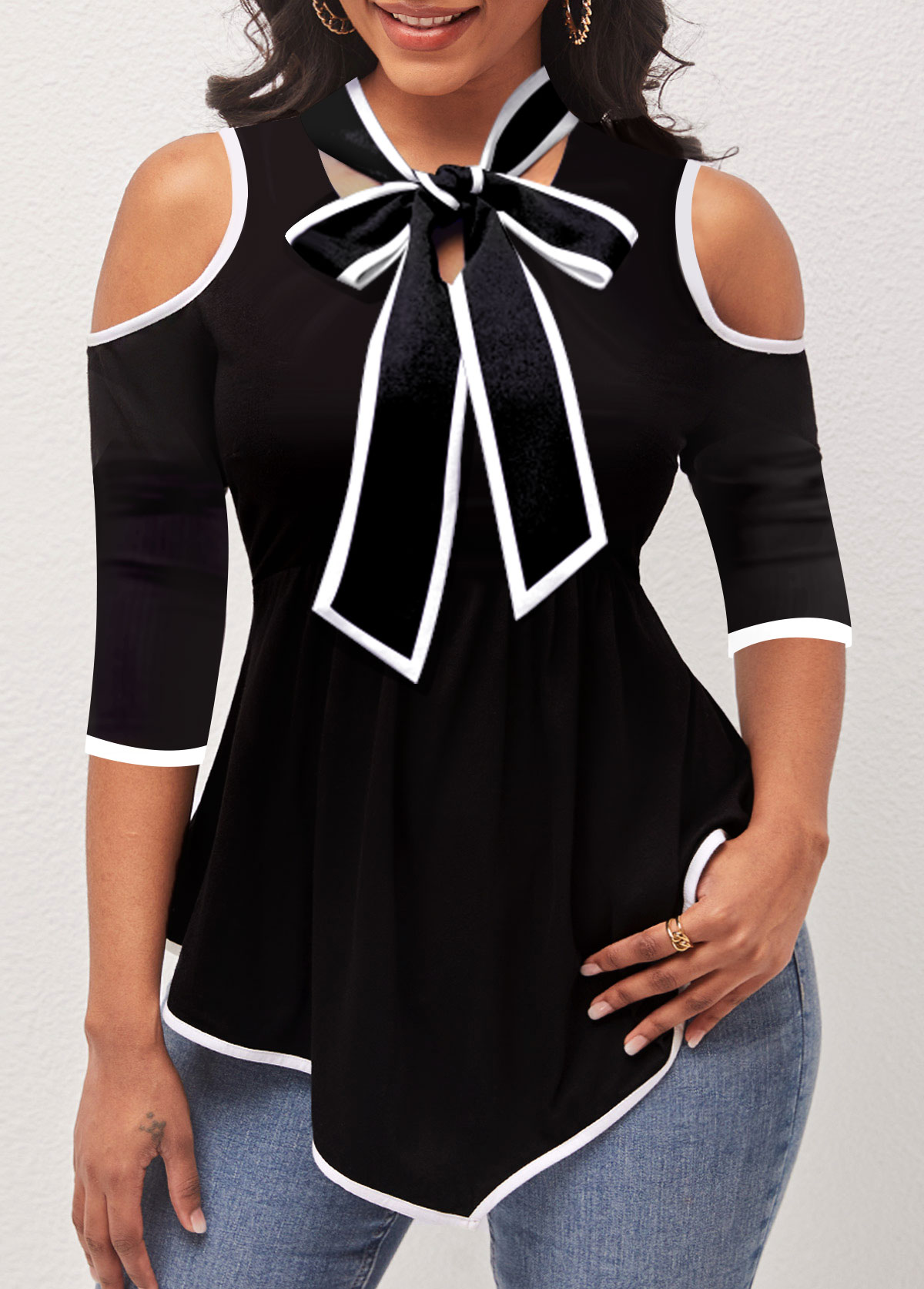 Lace Black 3/4 Sleeve Tie Collar T Shirt