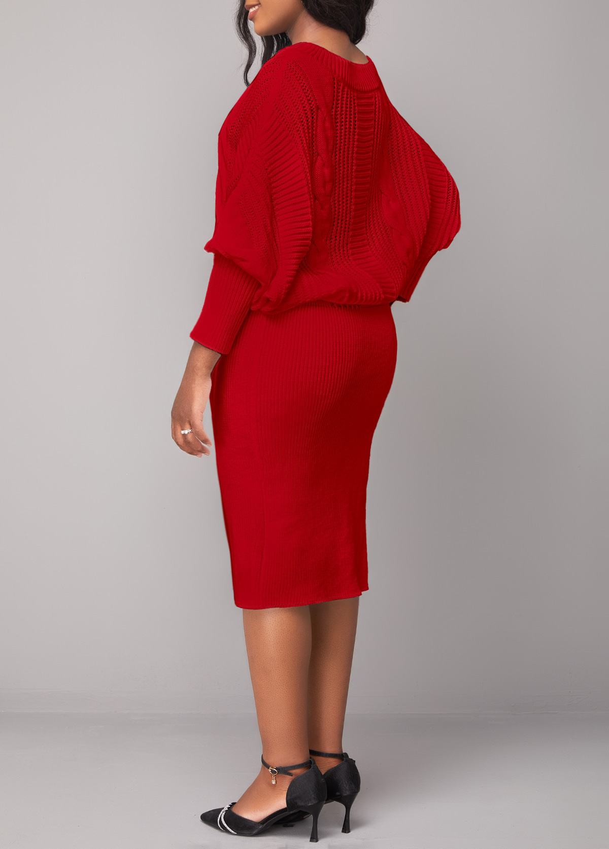 Boat Neck Red Long Sleeve Bodycon Dress