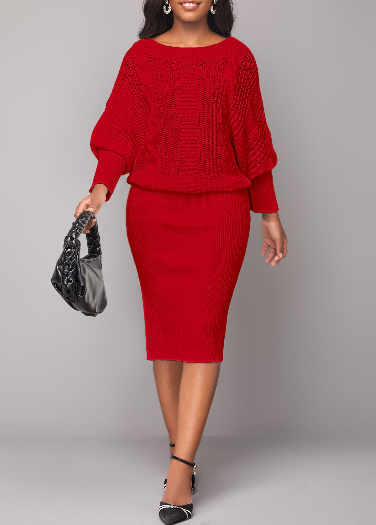 Boat Neck Red Long Sleeve Bodycon Dress