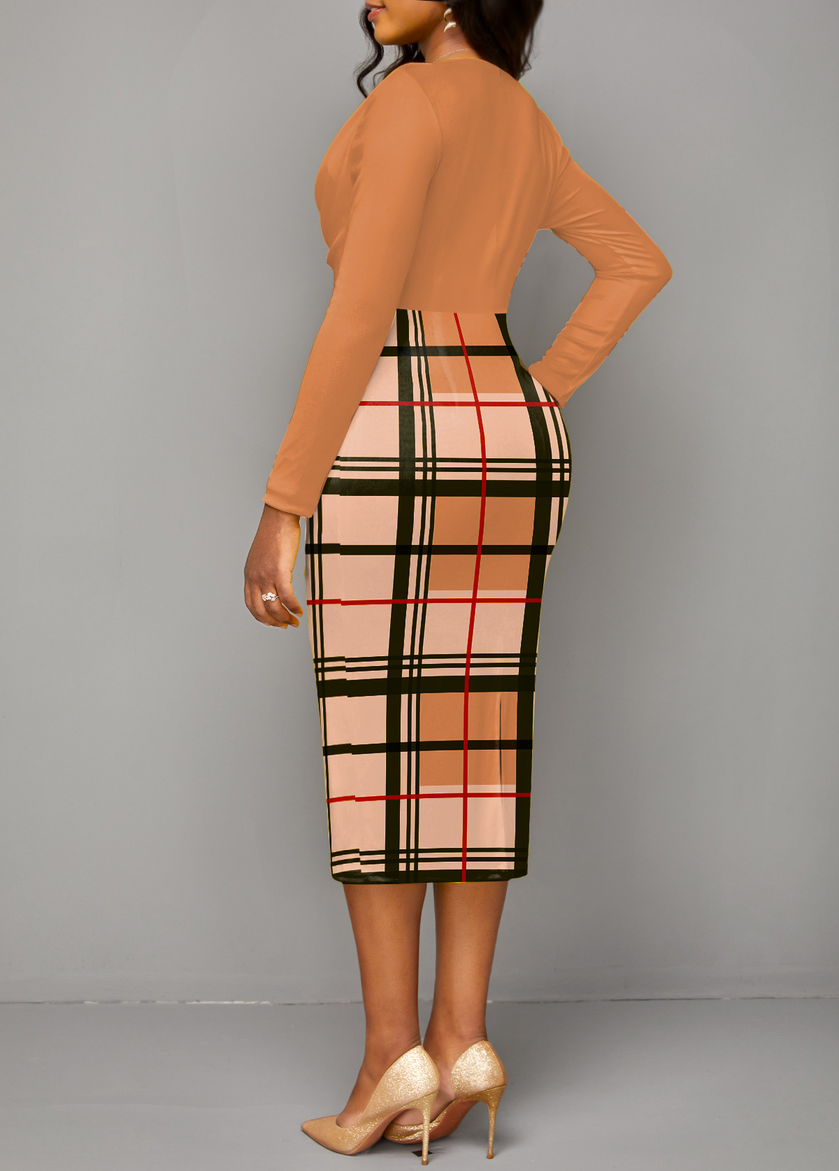 Plaid Patchwork Light Coffee V Neck Bodycon Dress