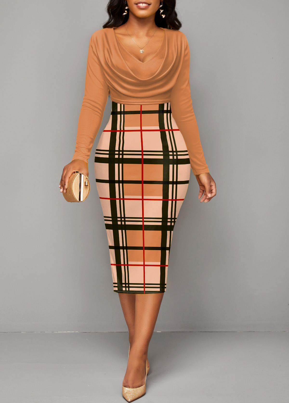 Plaid Patchwork Light Coffee V Neck Bodycon Dress