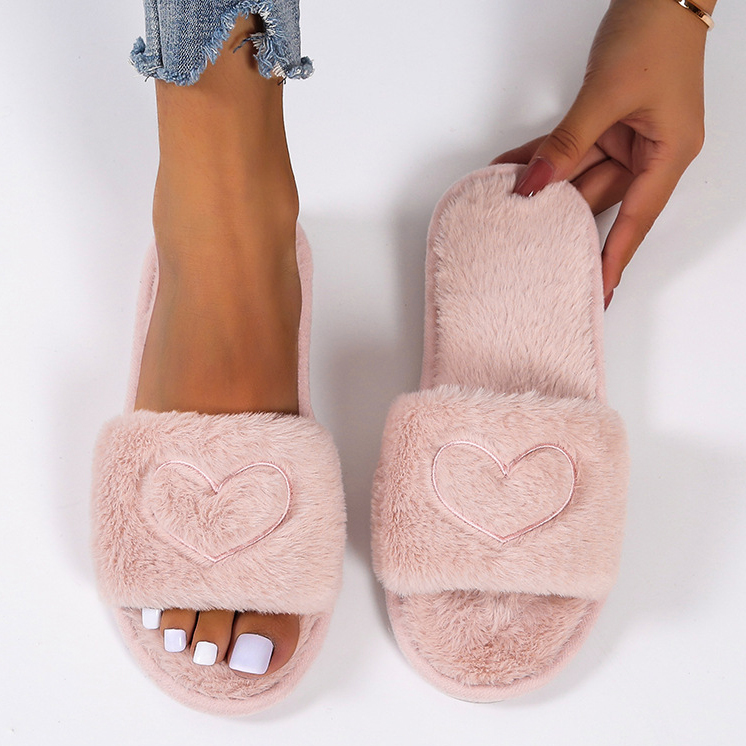 Heart Design Pink Open Toe Falt Slippers