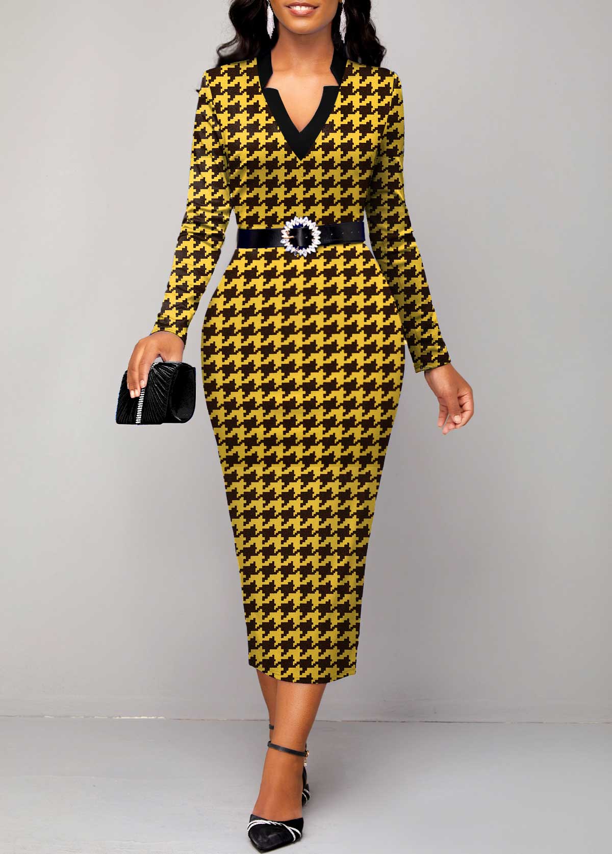 V Neck Houndstooth Print Yellow Bodycon Dress