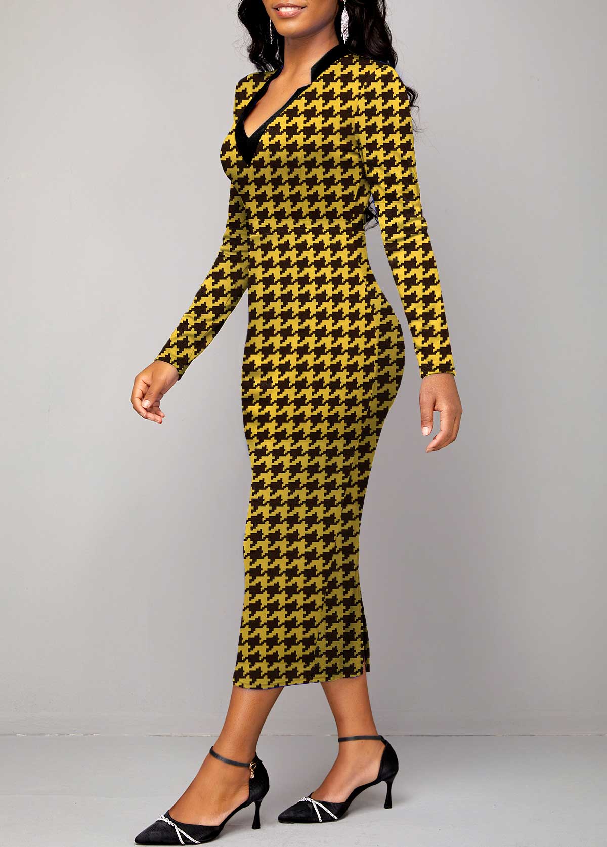 V Neck Houndstooth Print Yellow Bodycon Dress