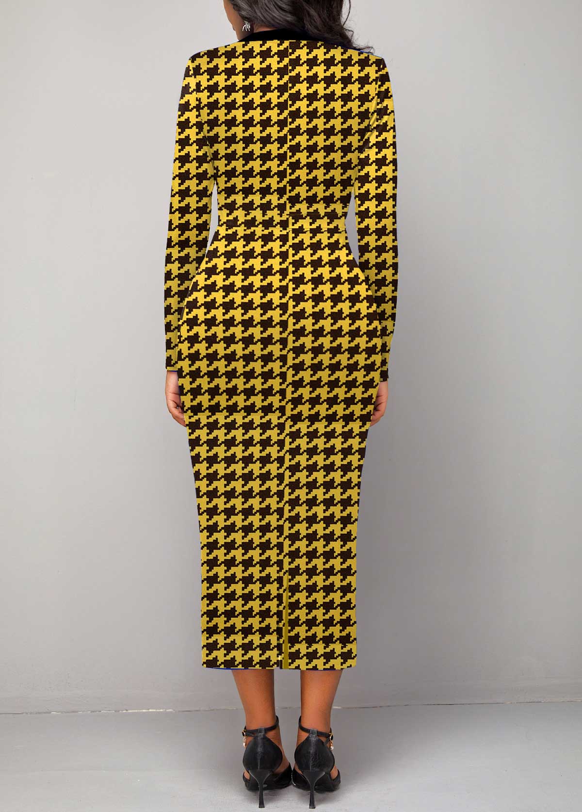 V Neck Houndstooth Print Yellow Bodycon Dress