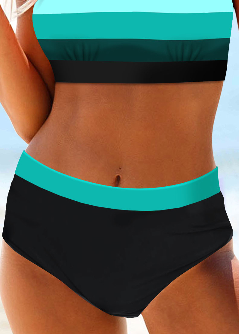 Striped Patchwork Wide Strap Cyan Bikini Set